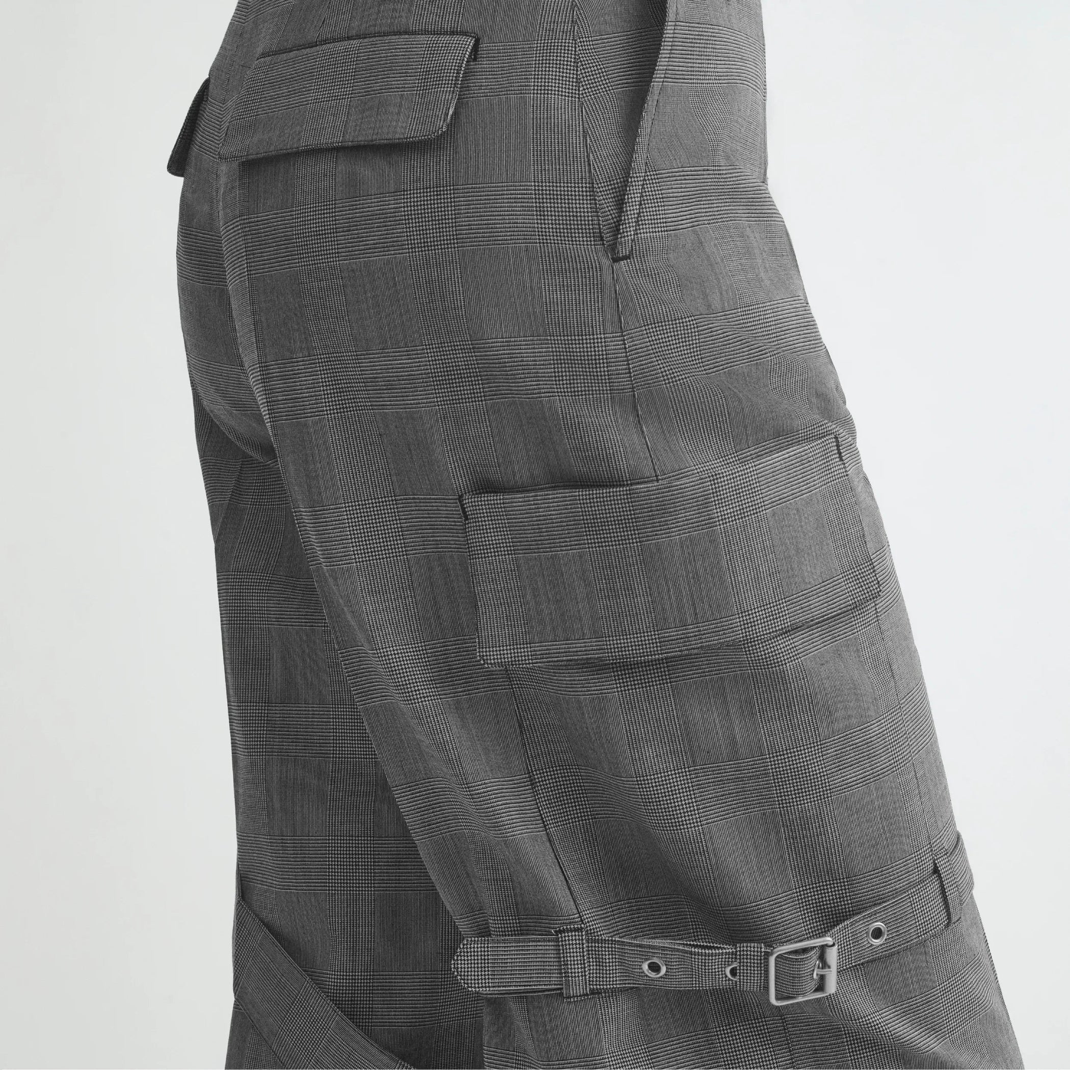 Close up detail view of zip cargo trouser in anthracite wool