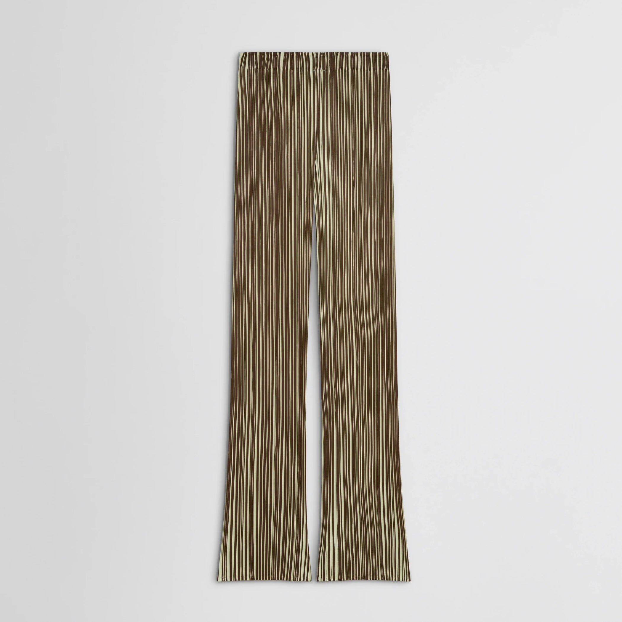 Flat front view of razor pleat trousers in khaki polyester.