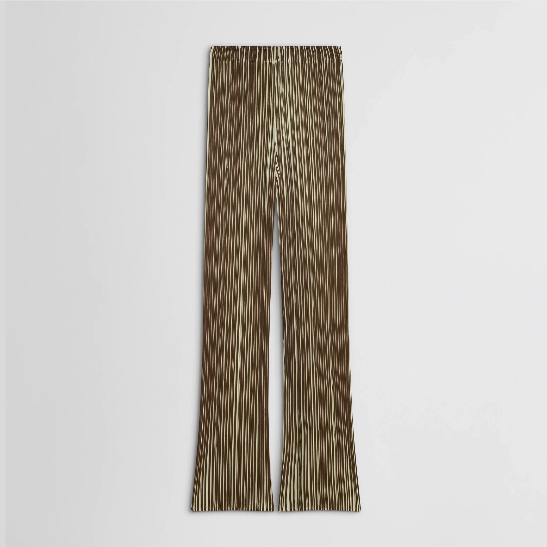 Flat back view of razor pleat trousers in khaki polyester.