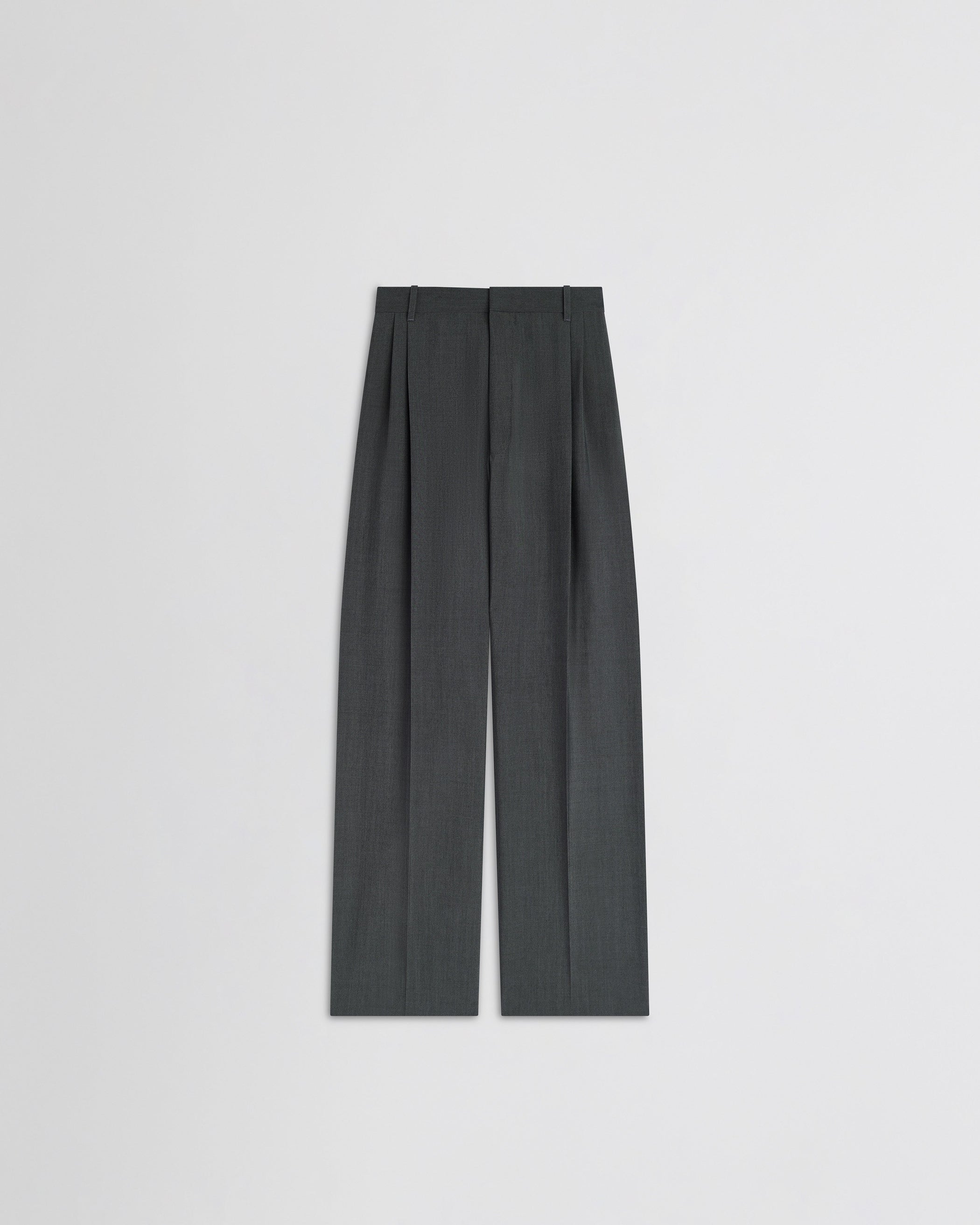 View of double pleat trousers in grey mélange wool