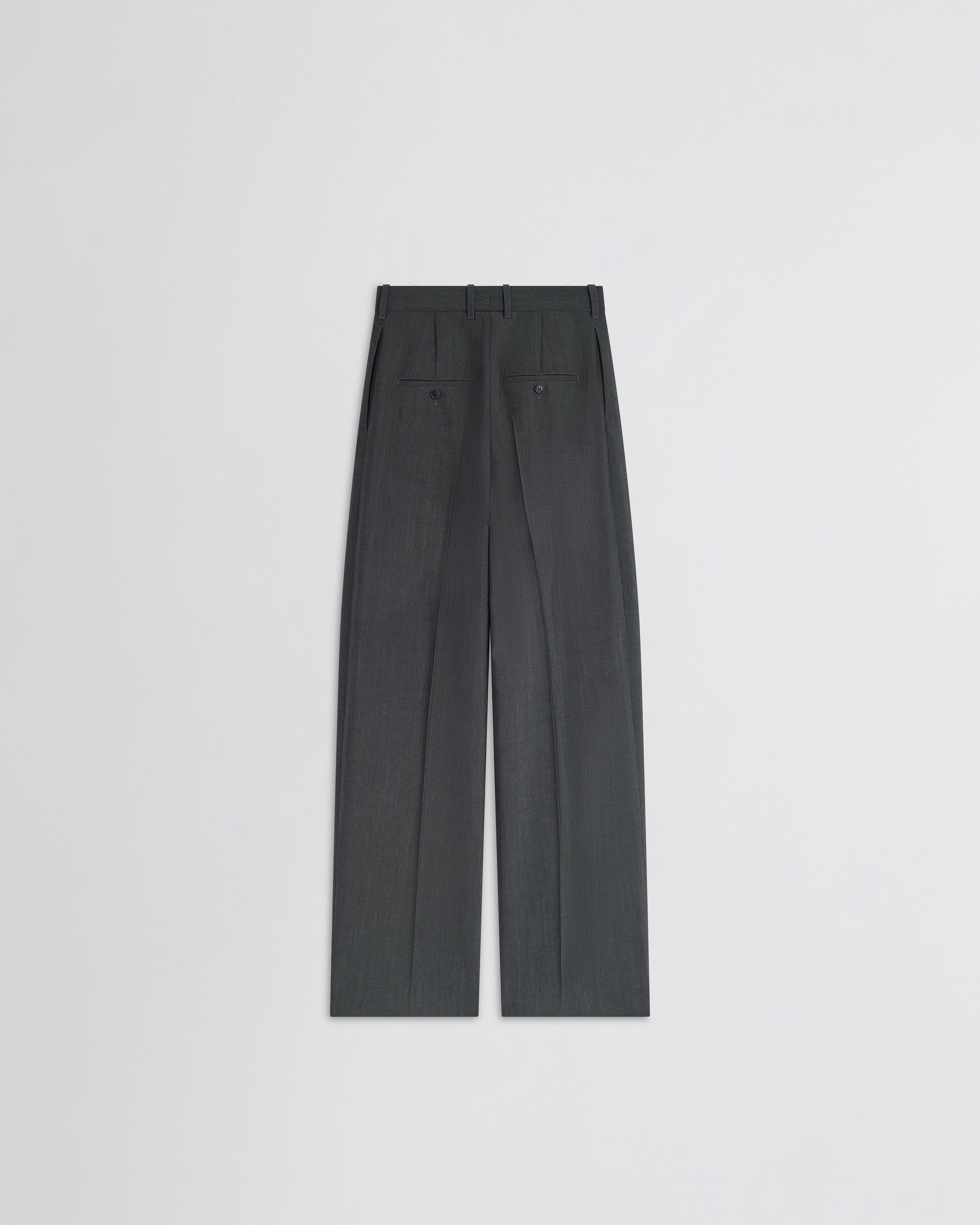 View of double pleat trousers in grey mélange wool