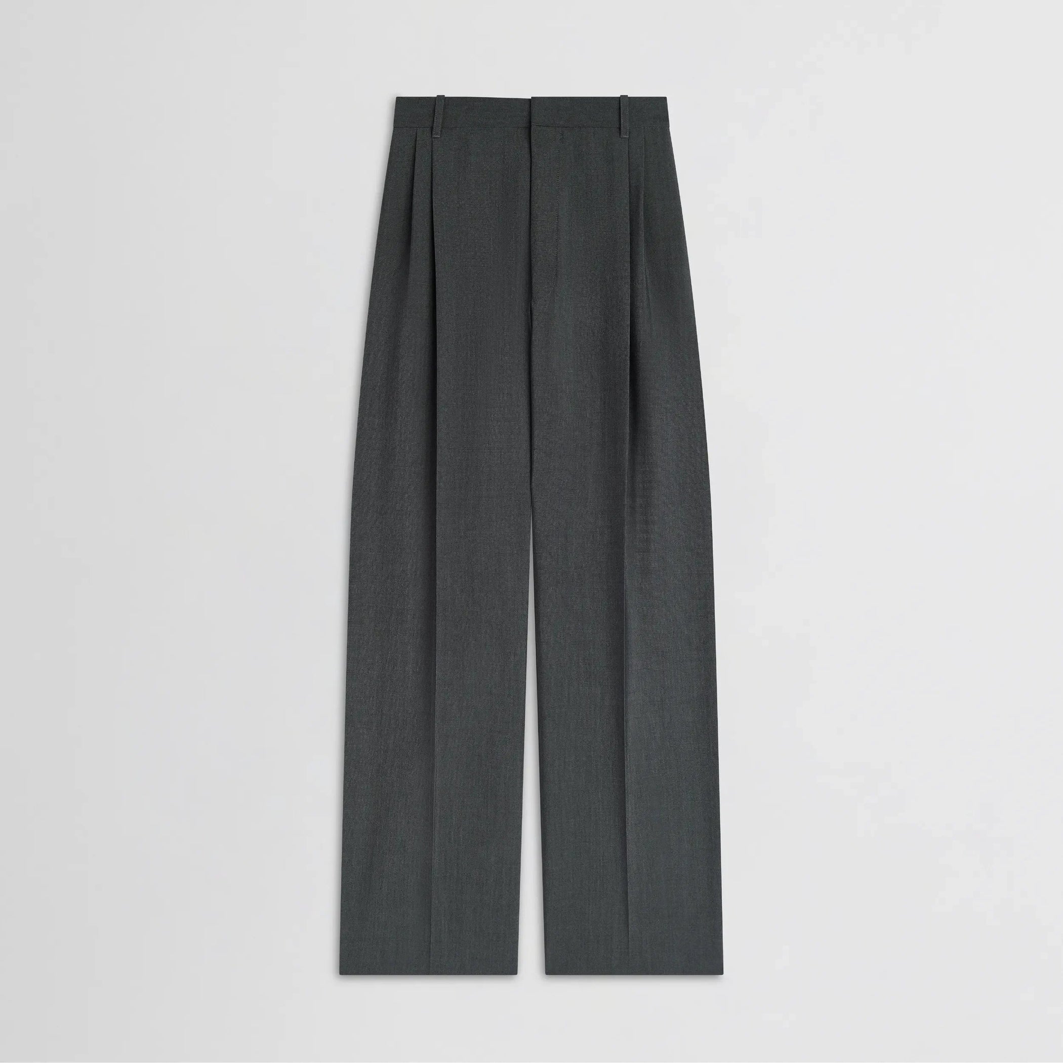 Flat front view of double pleat trousers in grey-melange wool