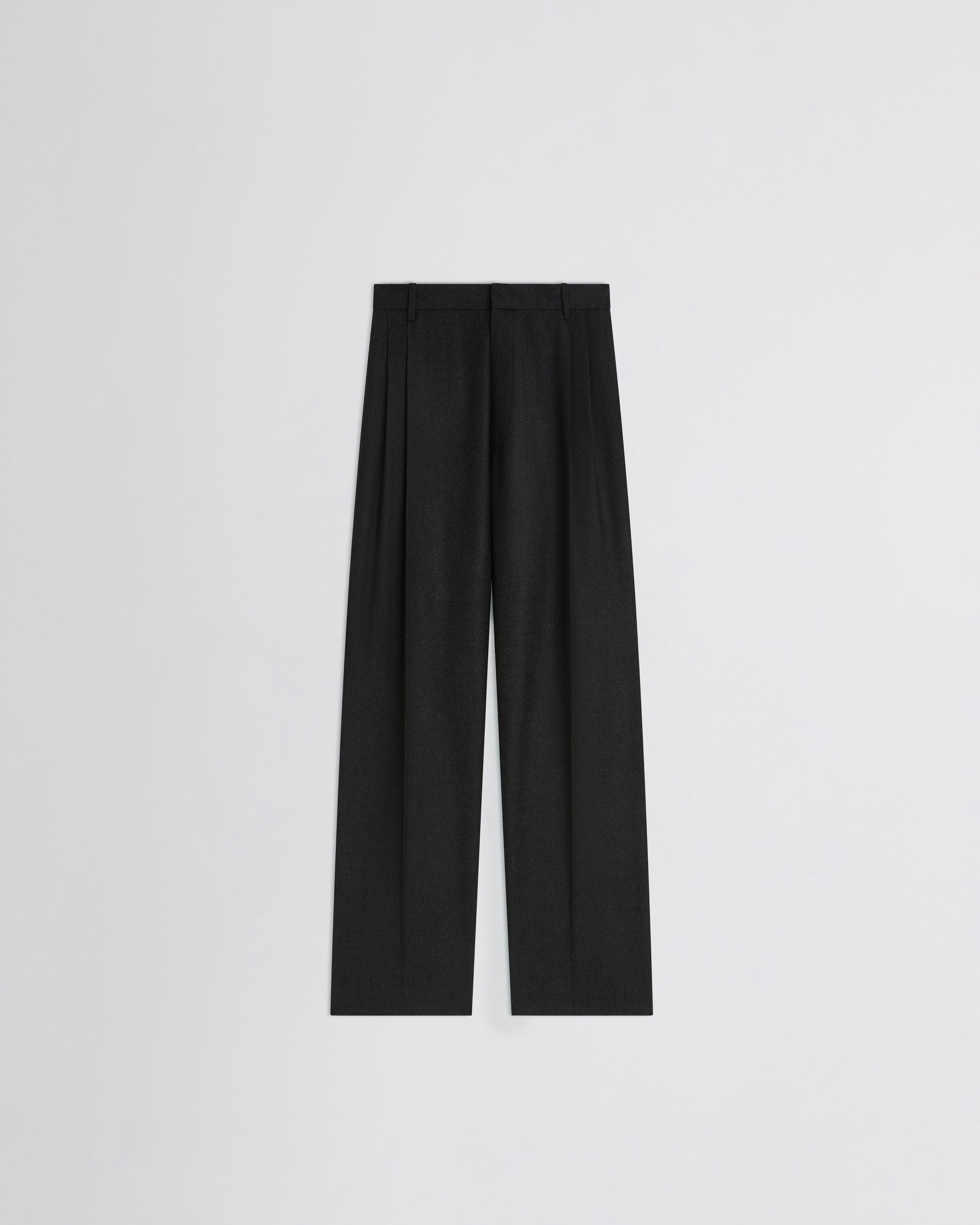 View of double pleat trousers in charcoal wool