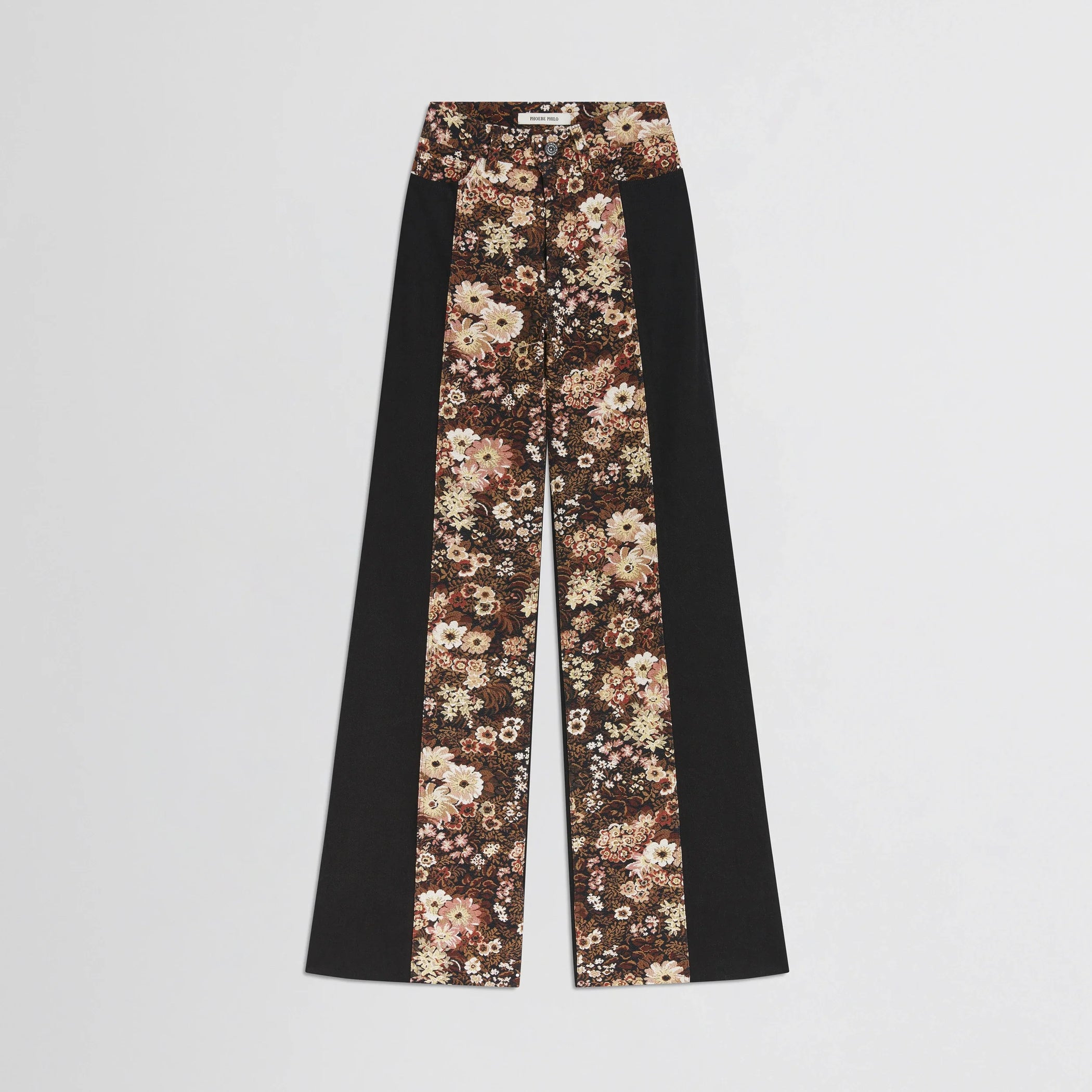 Flat front view of tapestry trousers in black cotton.