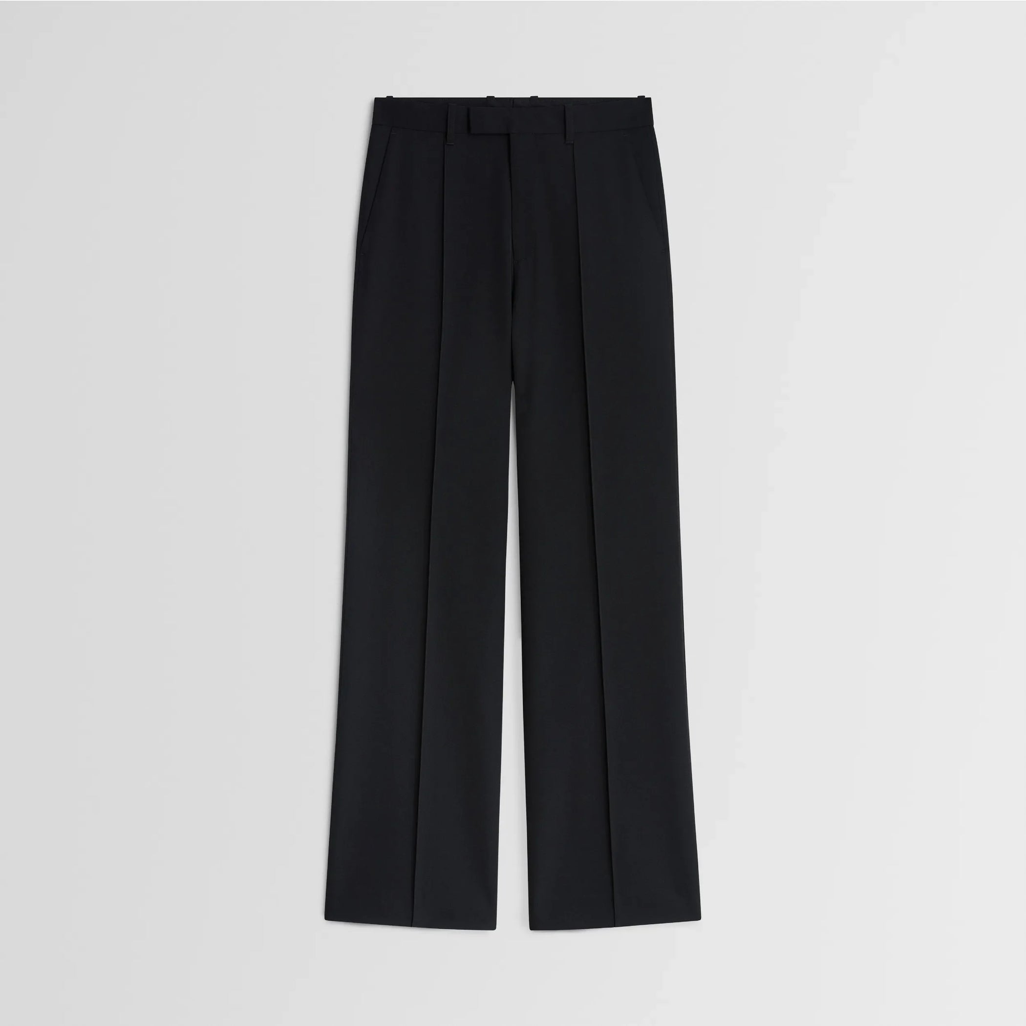 Flat front view of boyish tailored trousers in black wool