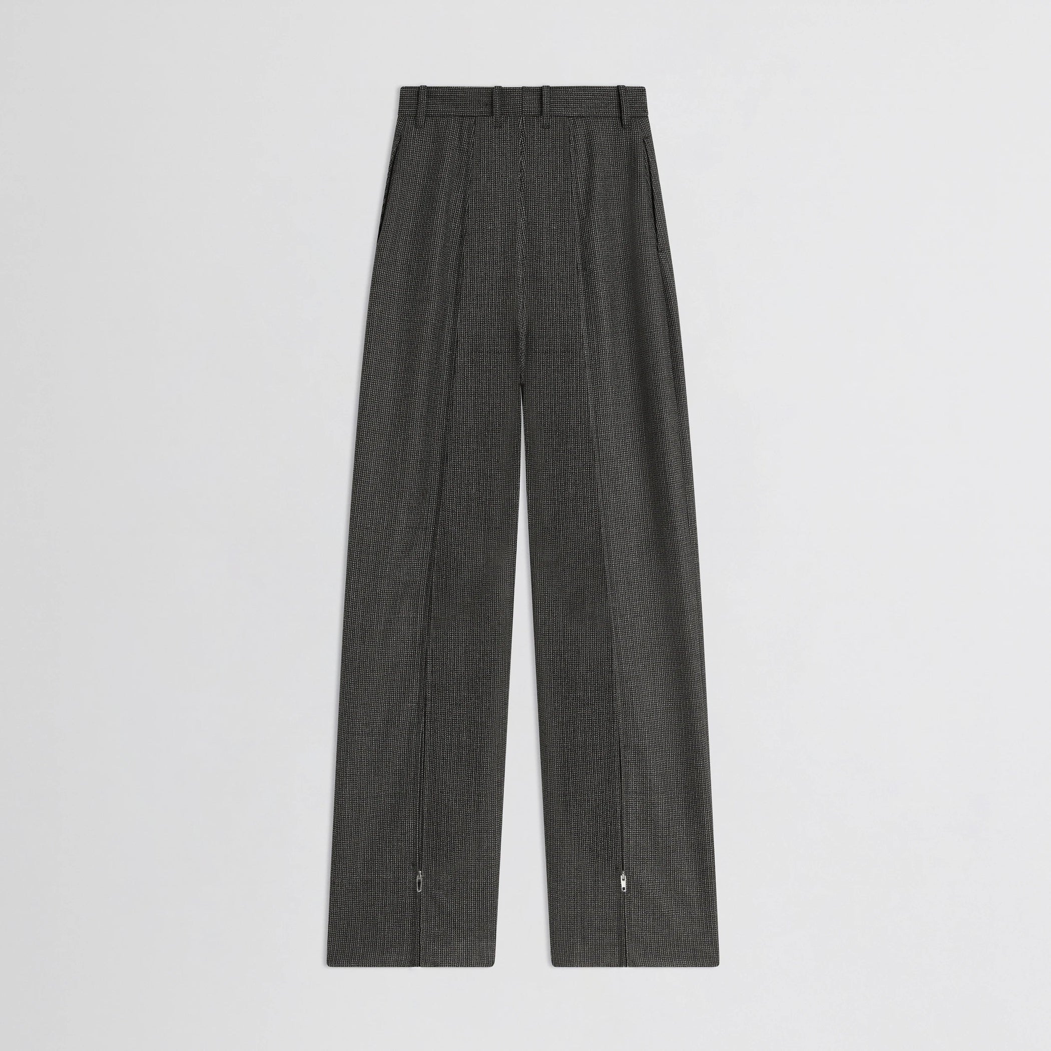 Flat back view of zip trousers in green bronze wool.