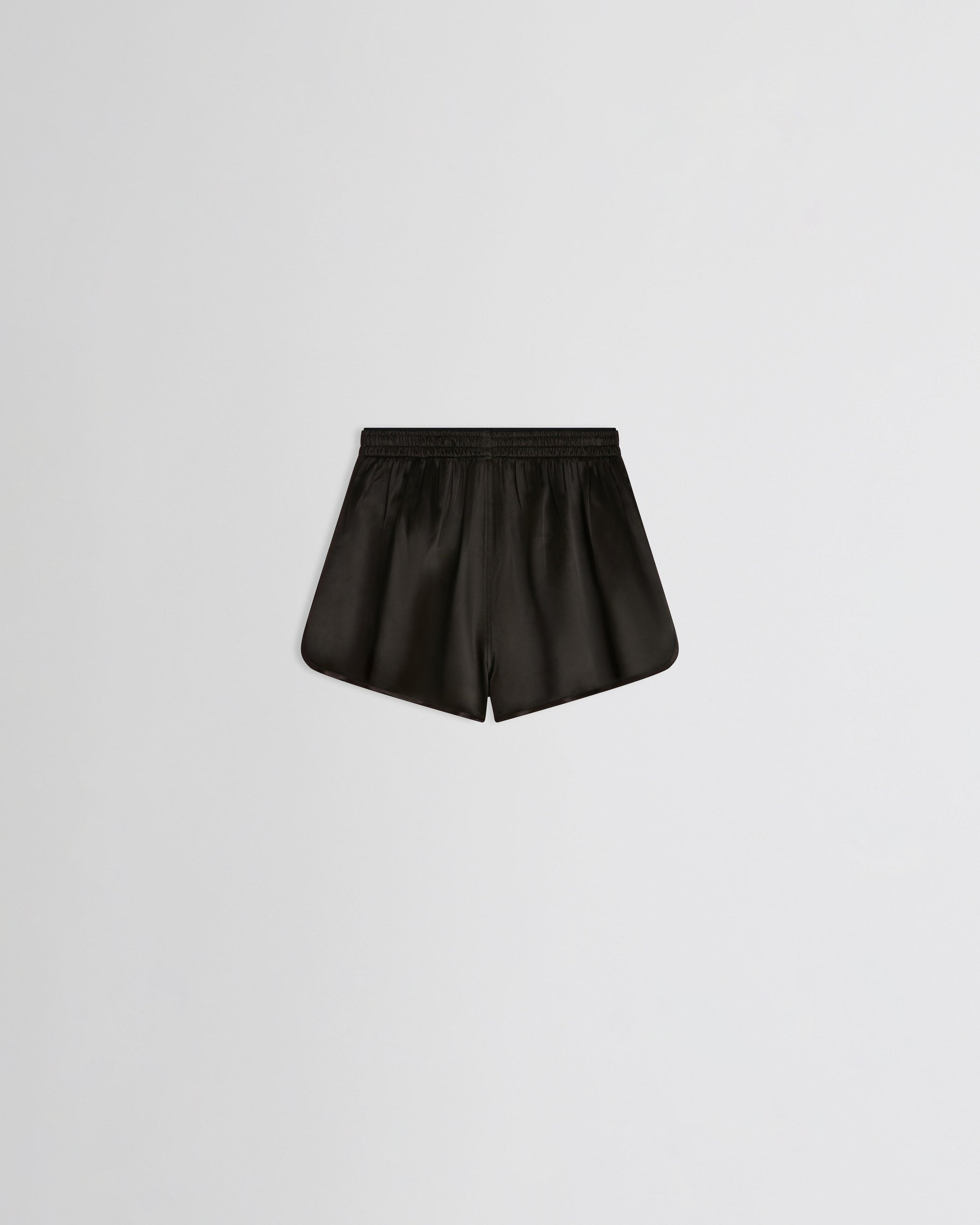 Flat back view of TRACK SHORTS in dark khaki satin viscose
