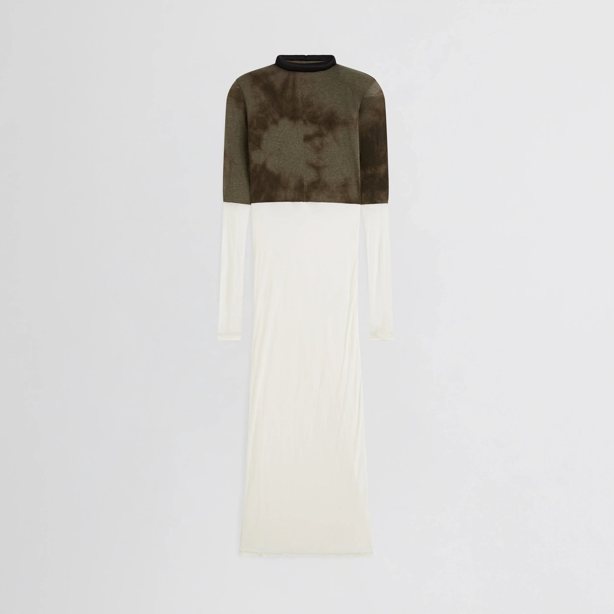 Flat front view of tubular liner dress in tobacco ivory cotton.