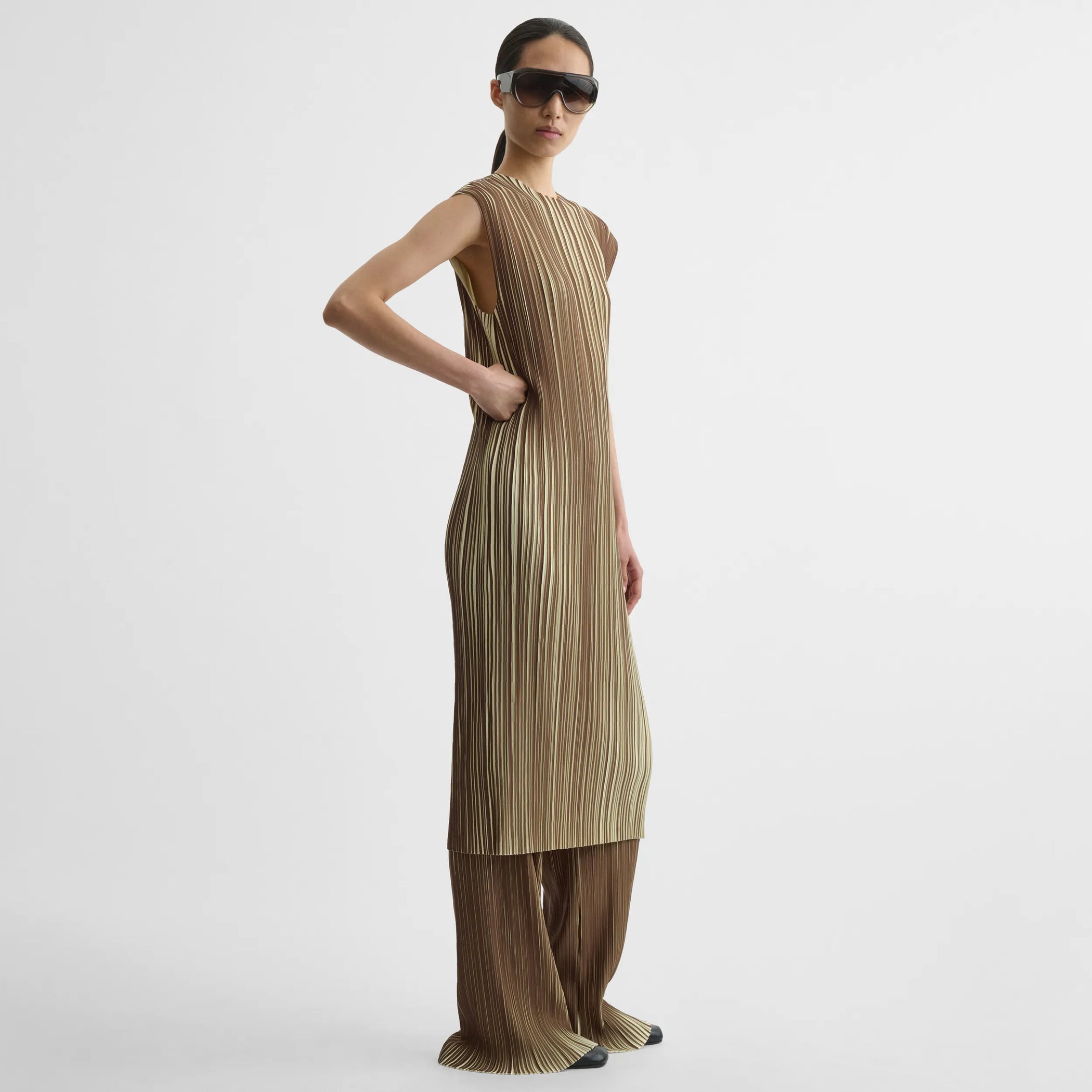 Side view of razor pleat dress in khaki cotton