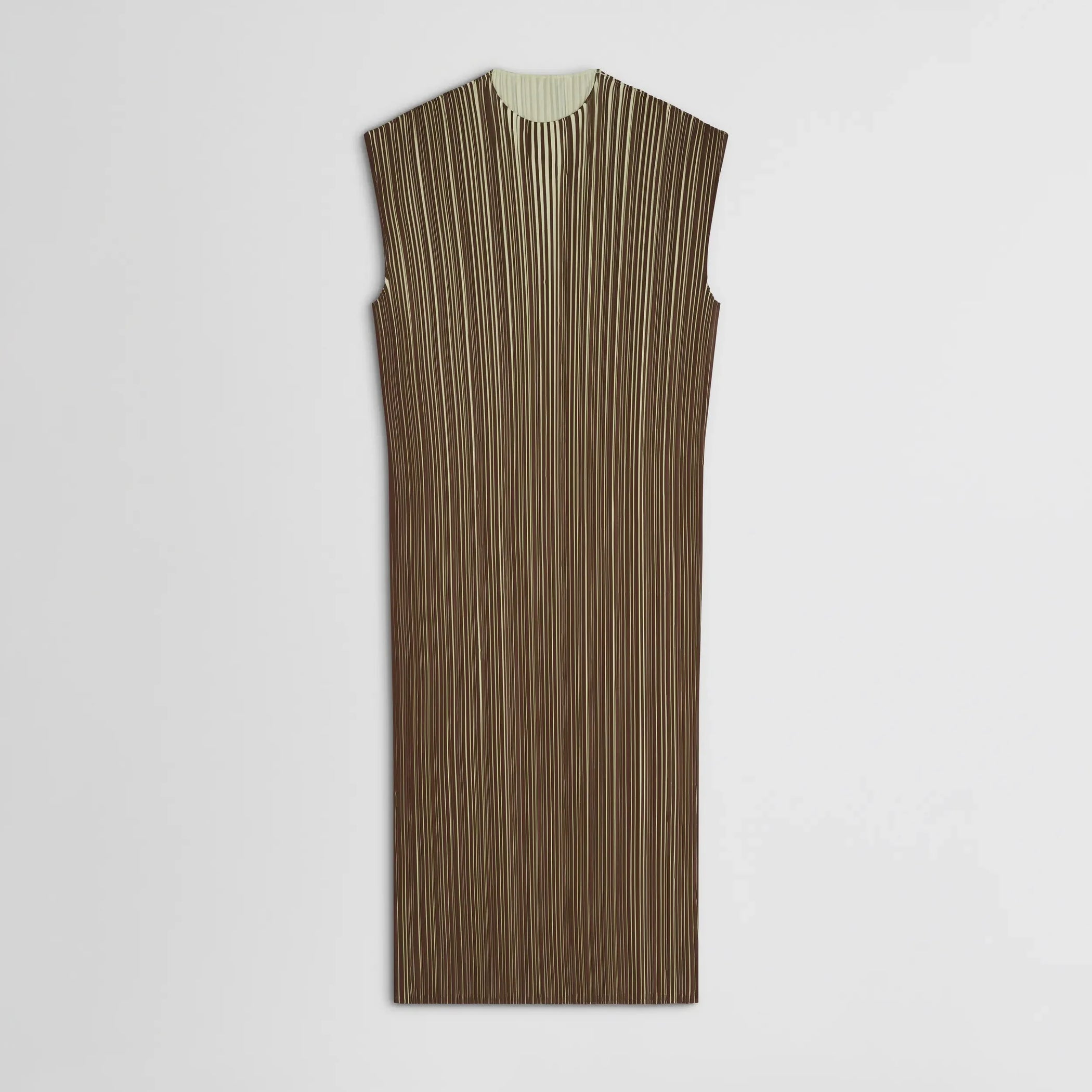 Flat front view of razor pleat dress in khaki cotton