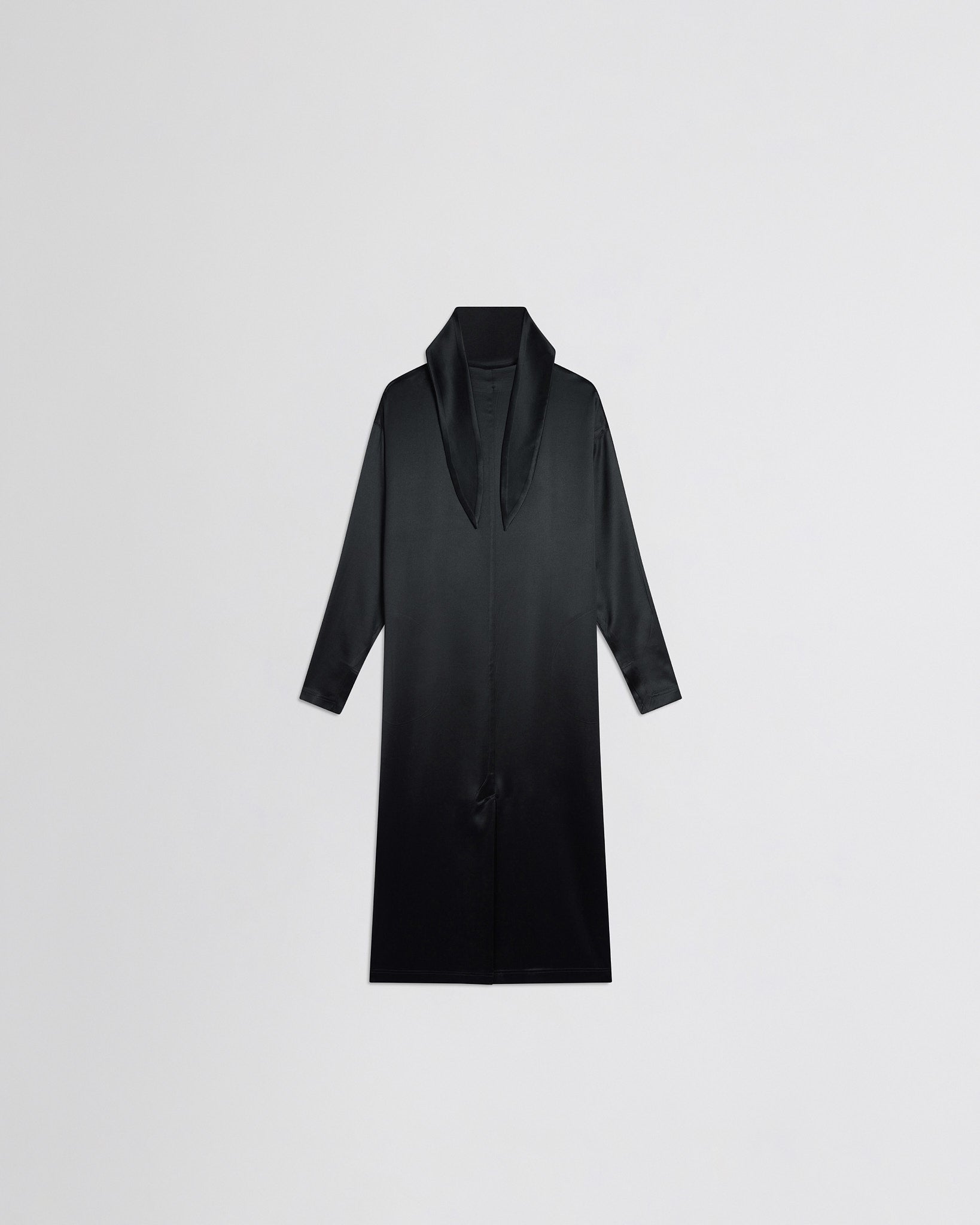 Flat back view of liquid high neck dress in black silk.