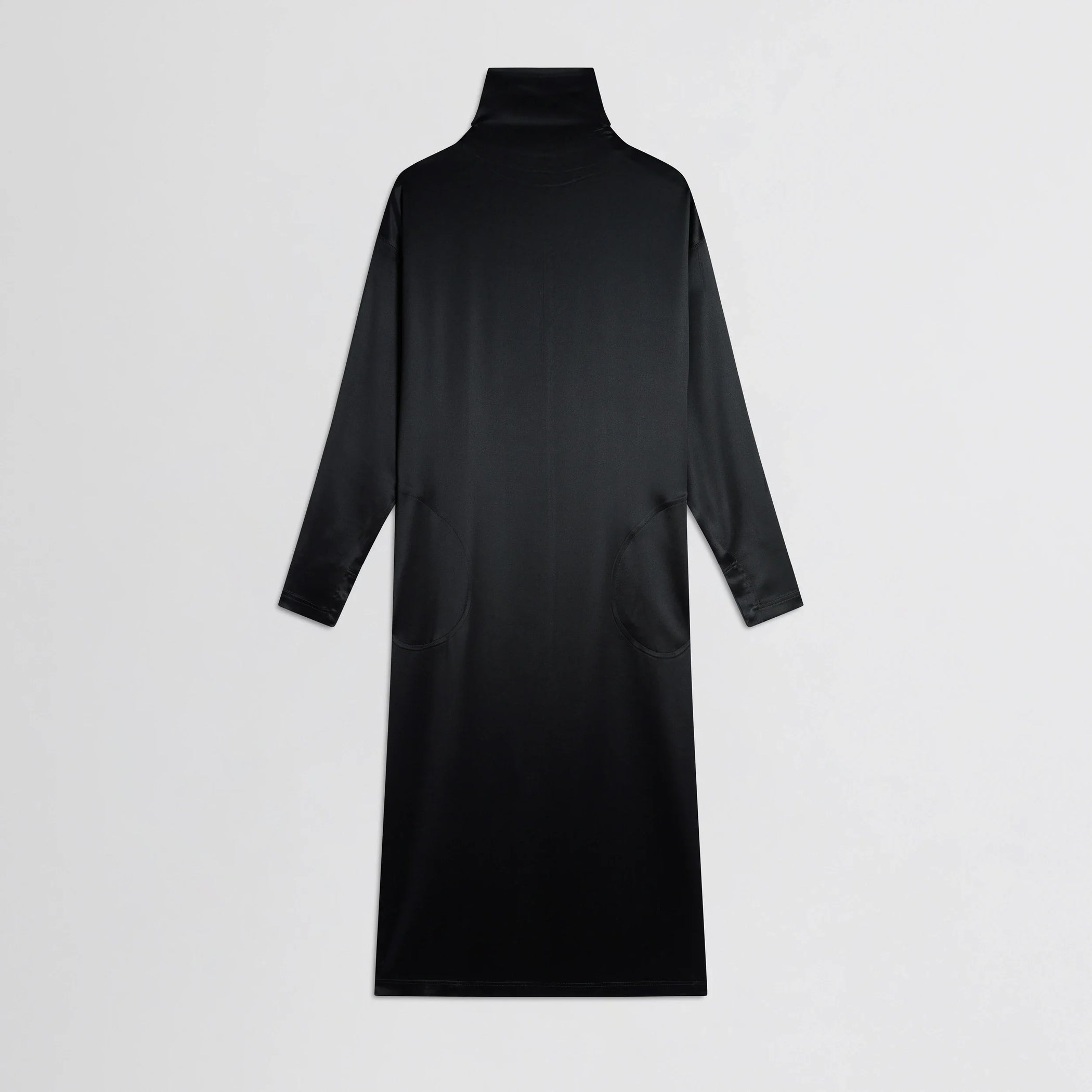 Flat front view of liquid high neck dress in black silk.