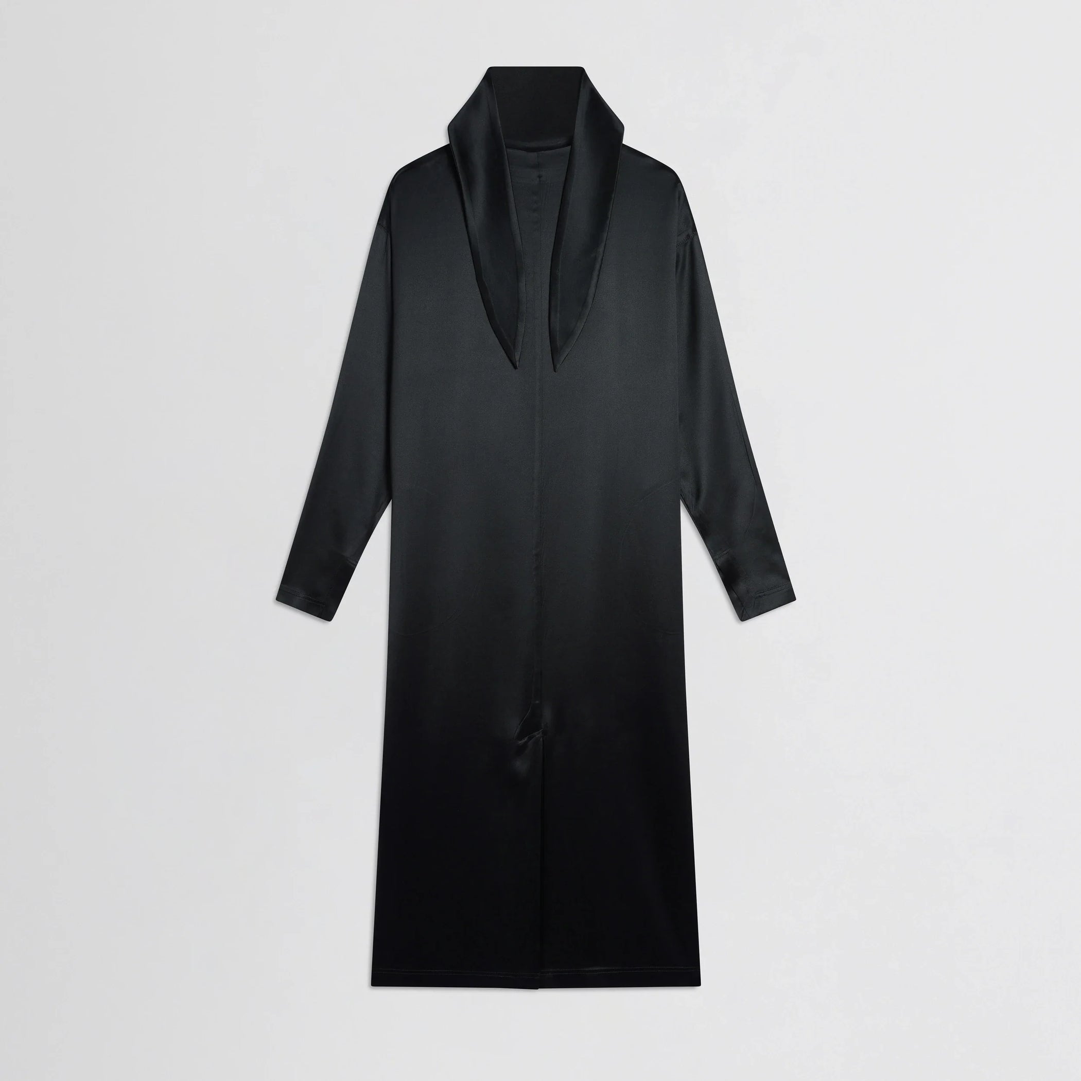 Flat back view of liquid high neck dress in black silk.