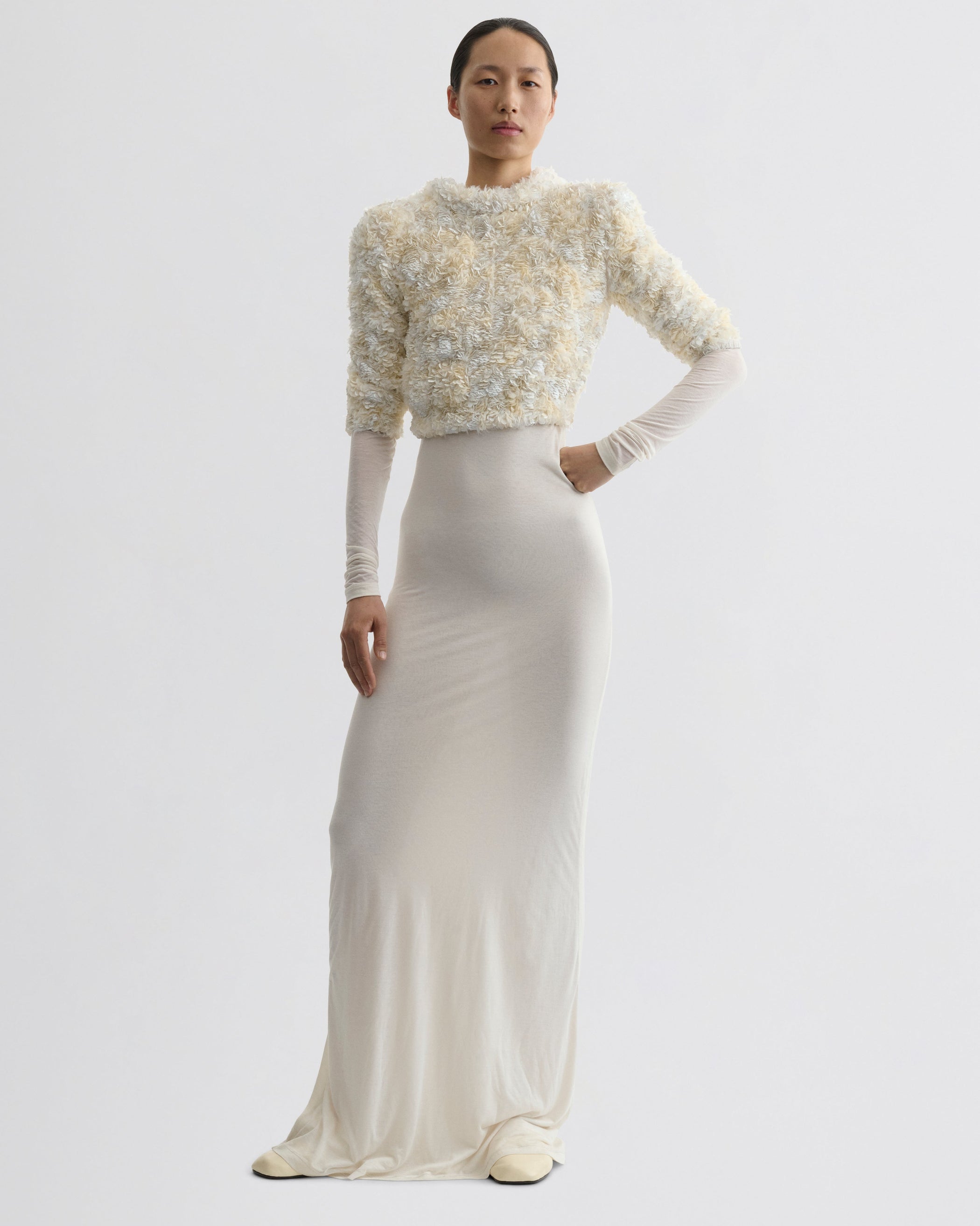Front view of model wearing CLUSTERED SEQUIN DRESS in ivory jersey