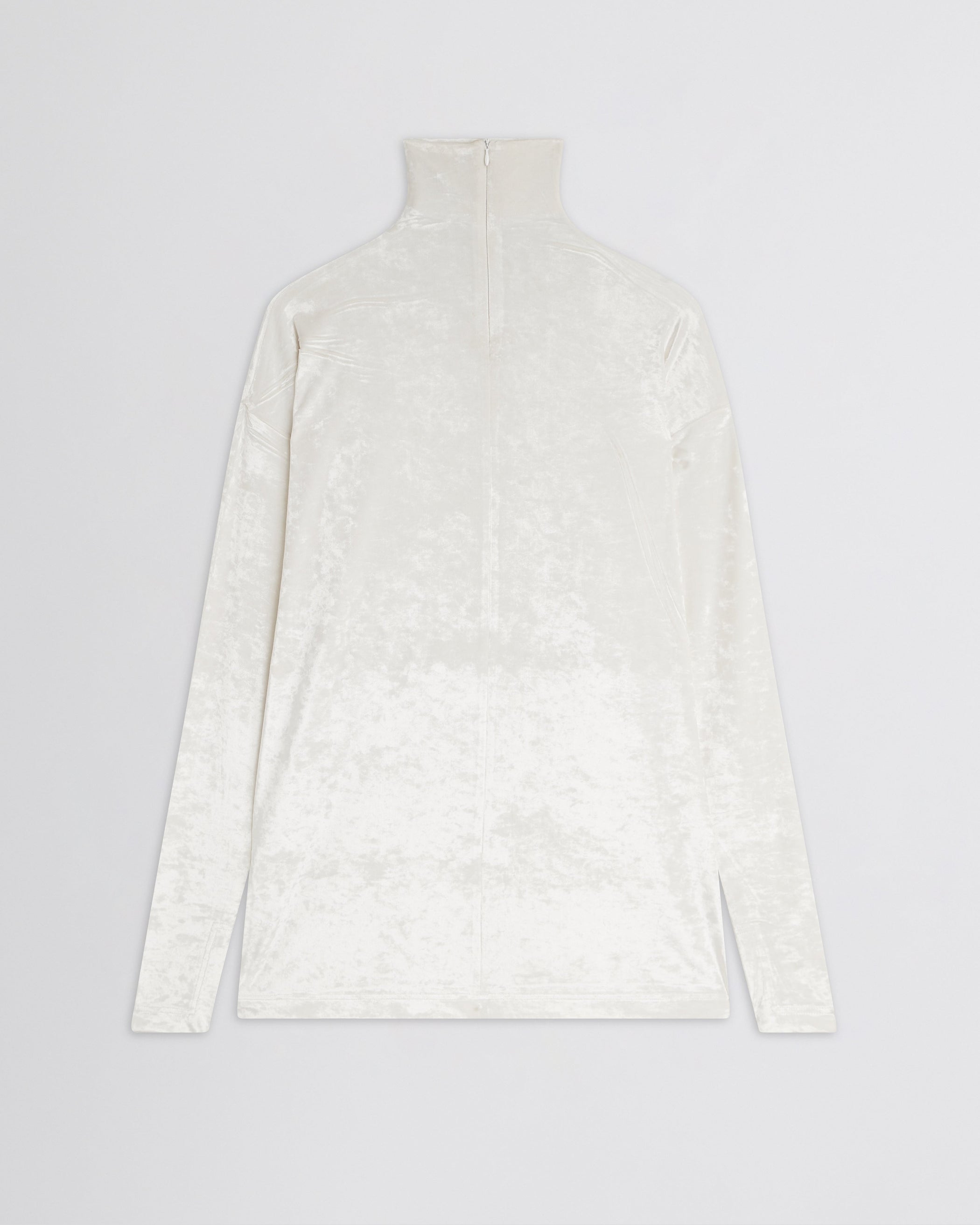 Flat back view of LIQUID HIGH NECK TOP in white crushed velvet
