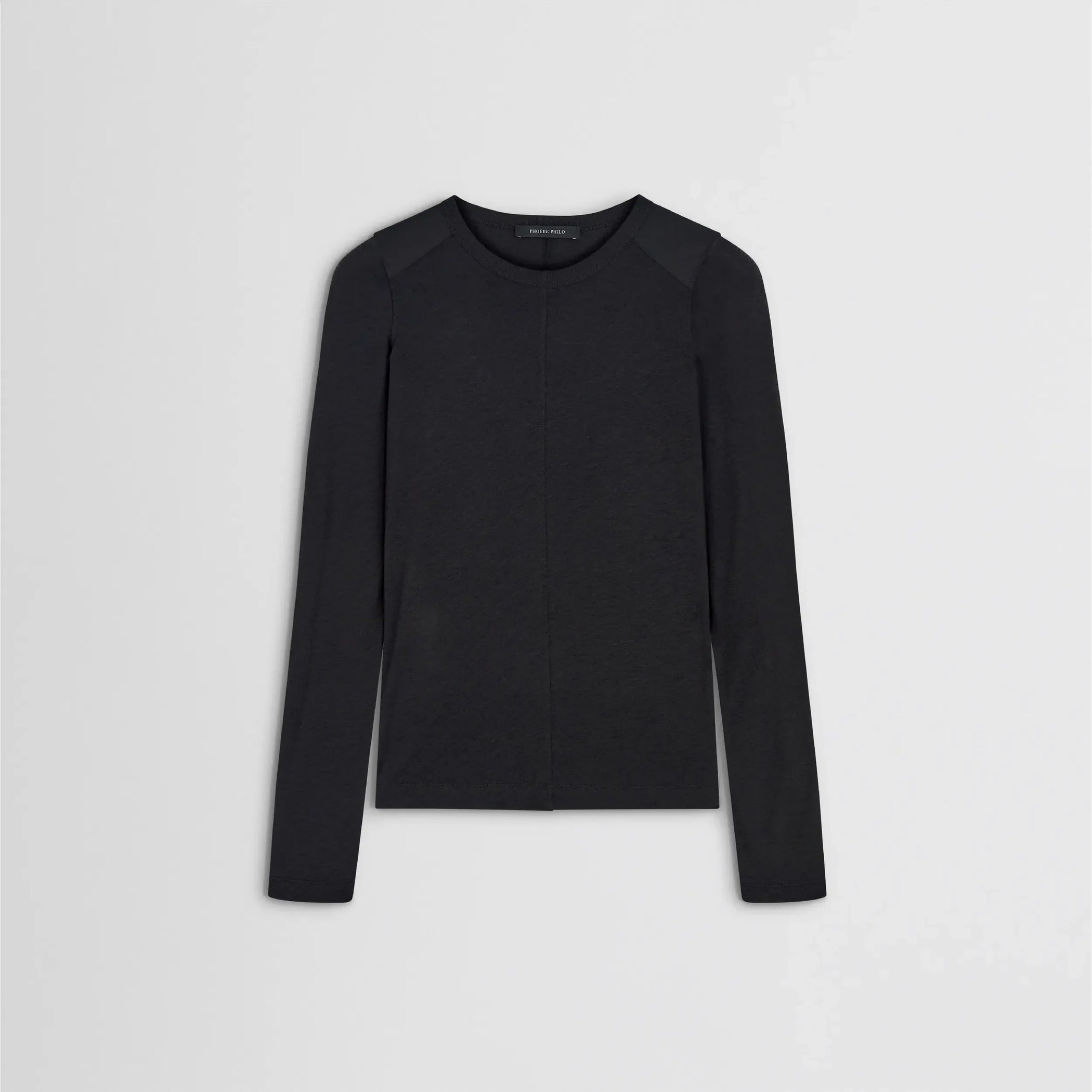 Flat front view of crewneck top in black cotton