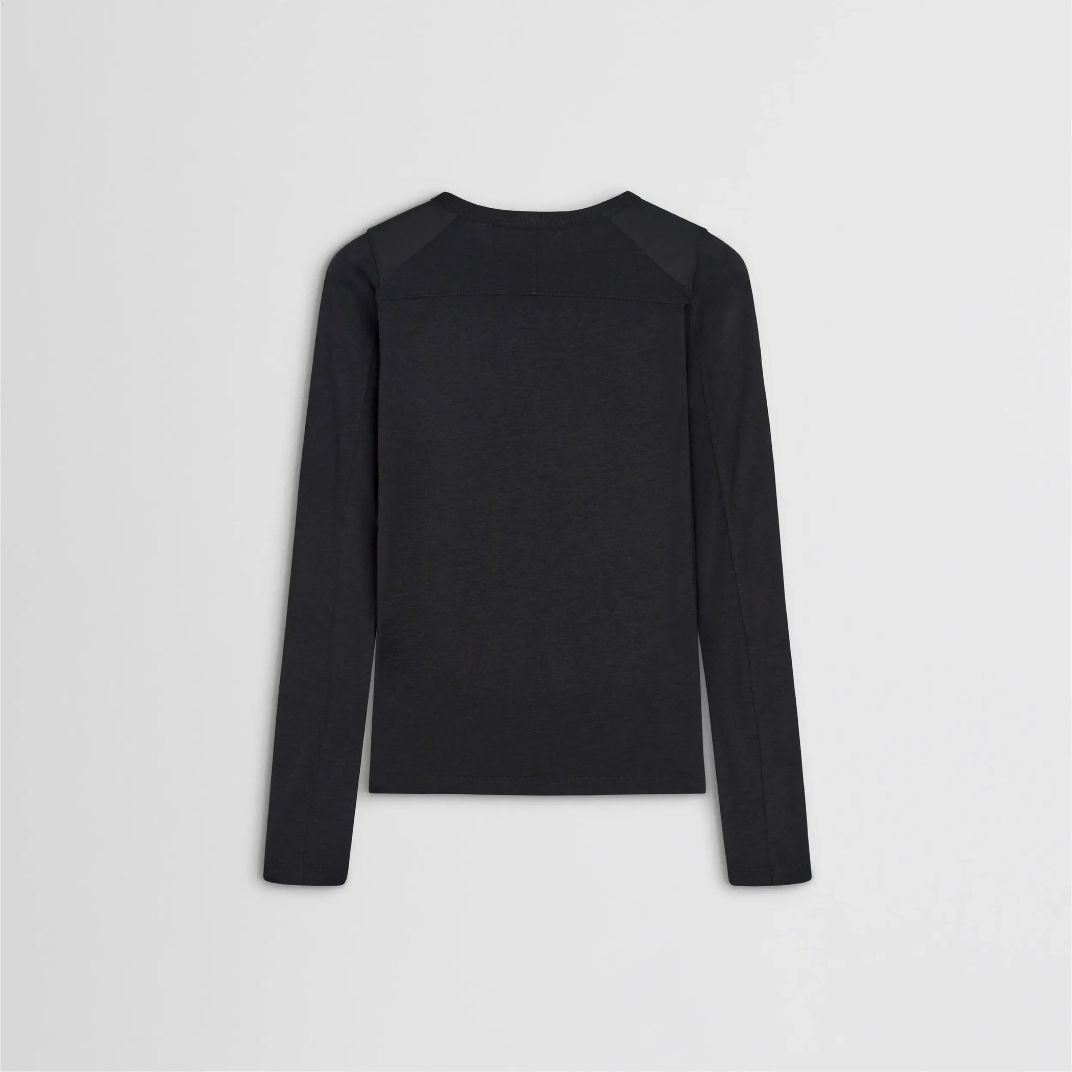 Flat back view of crewneck top in black cotton