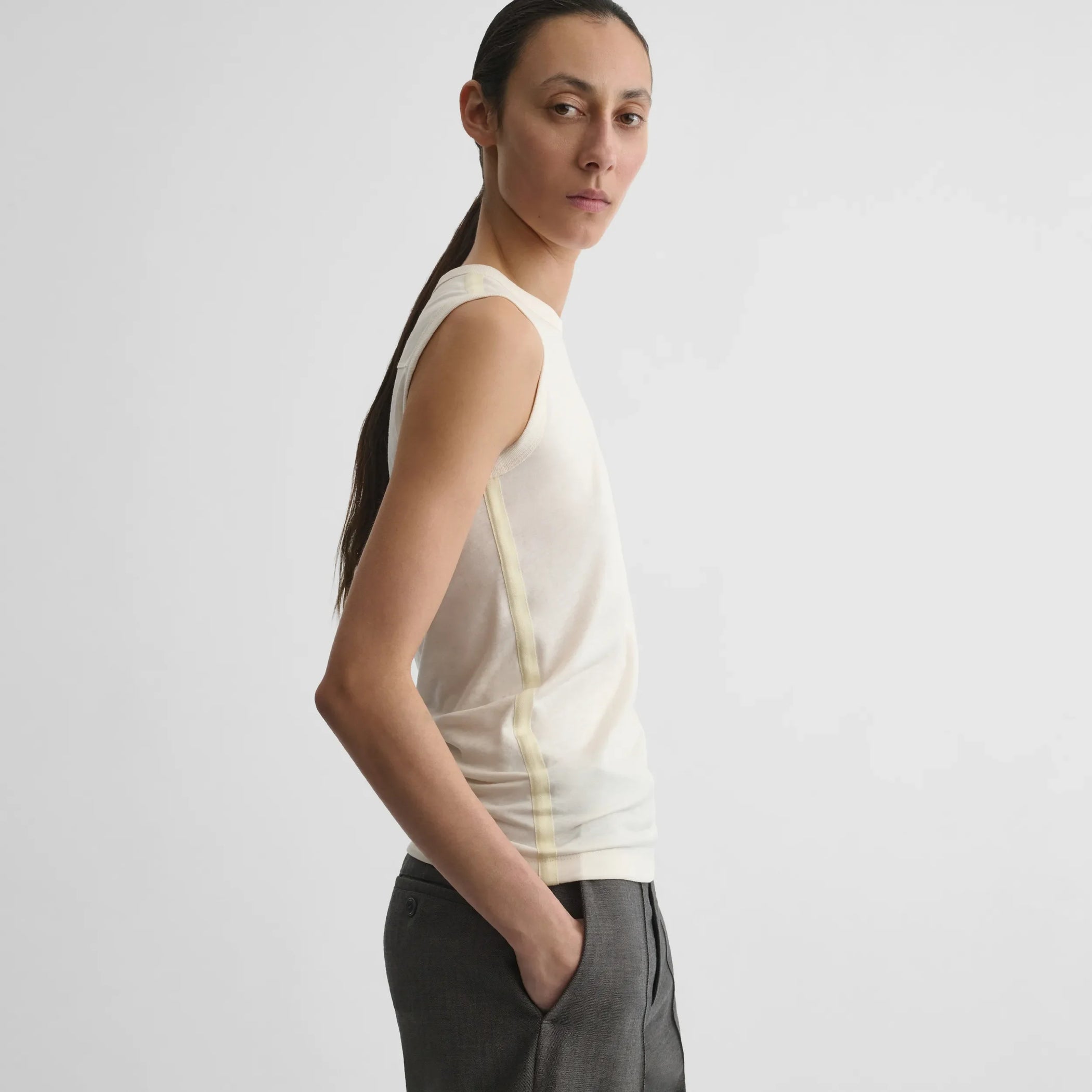 Side view of underpinning tank top in ivory cotton