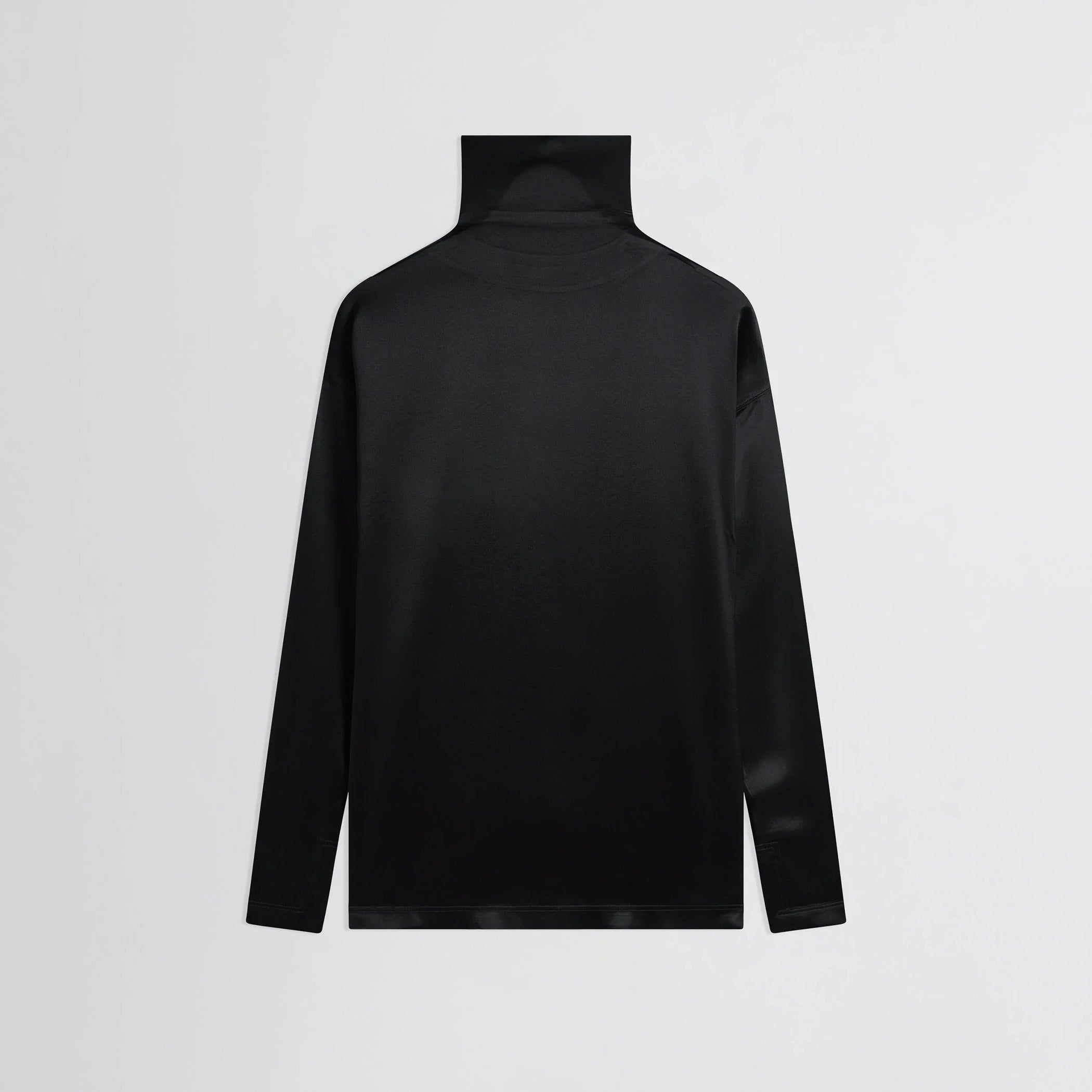 Flat front view of liquid knot collar top in black silk.
