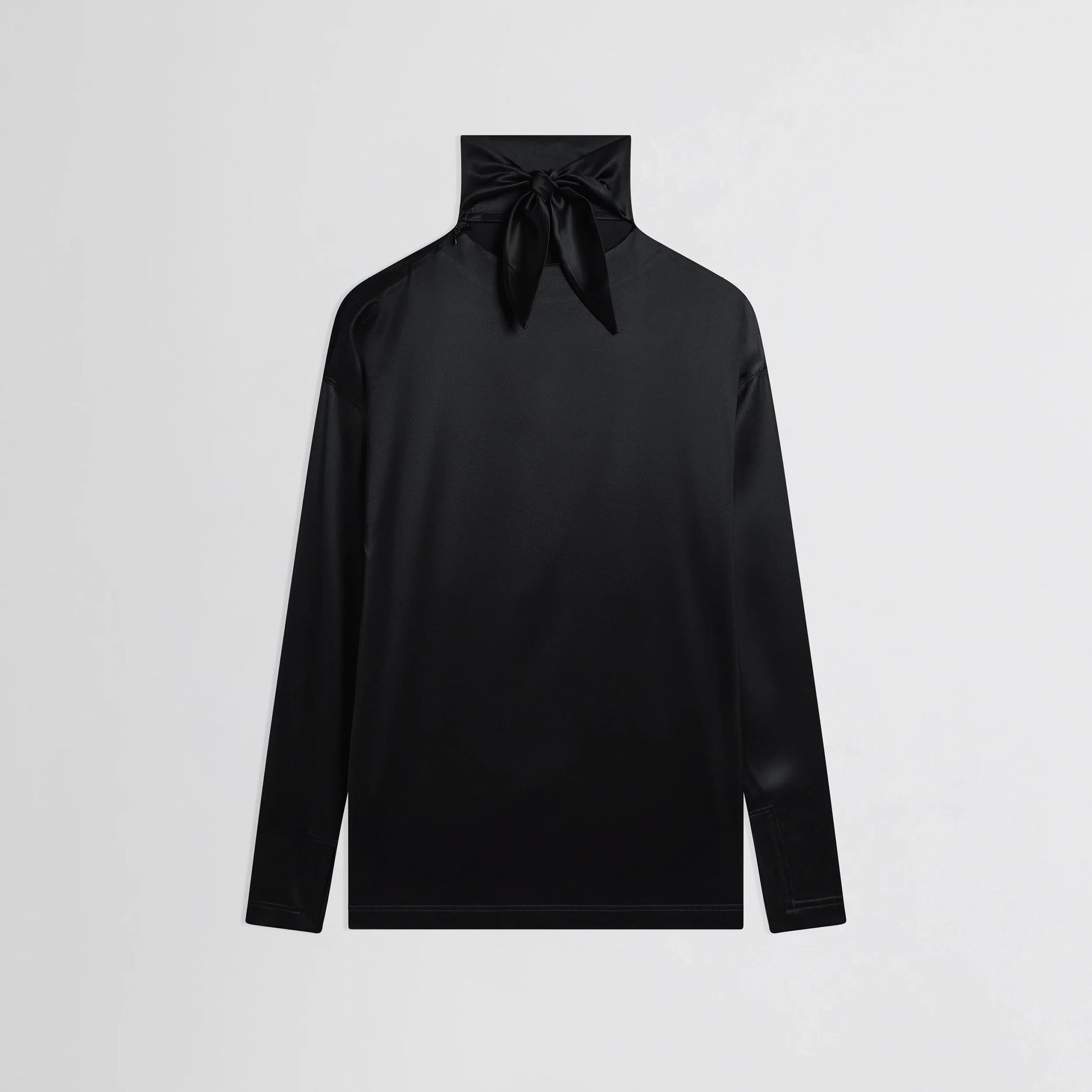 Flat back view of liquid knot collar top in black silk.