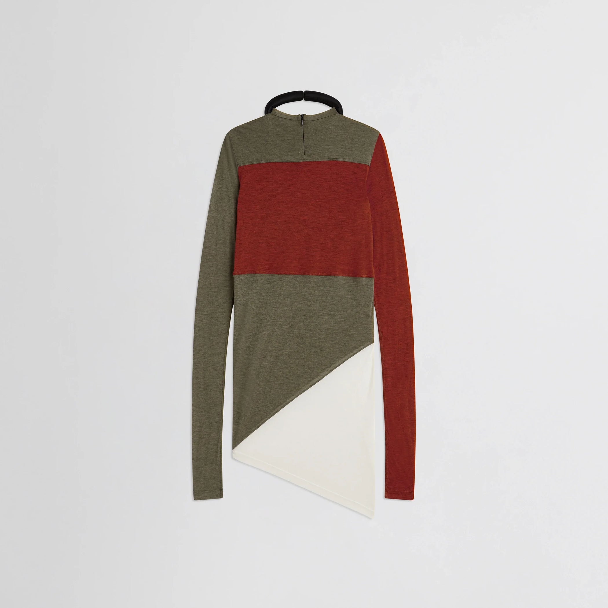 Flat back view of tubular colour block top in ivory tobacco red cotton.