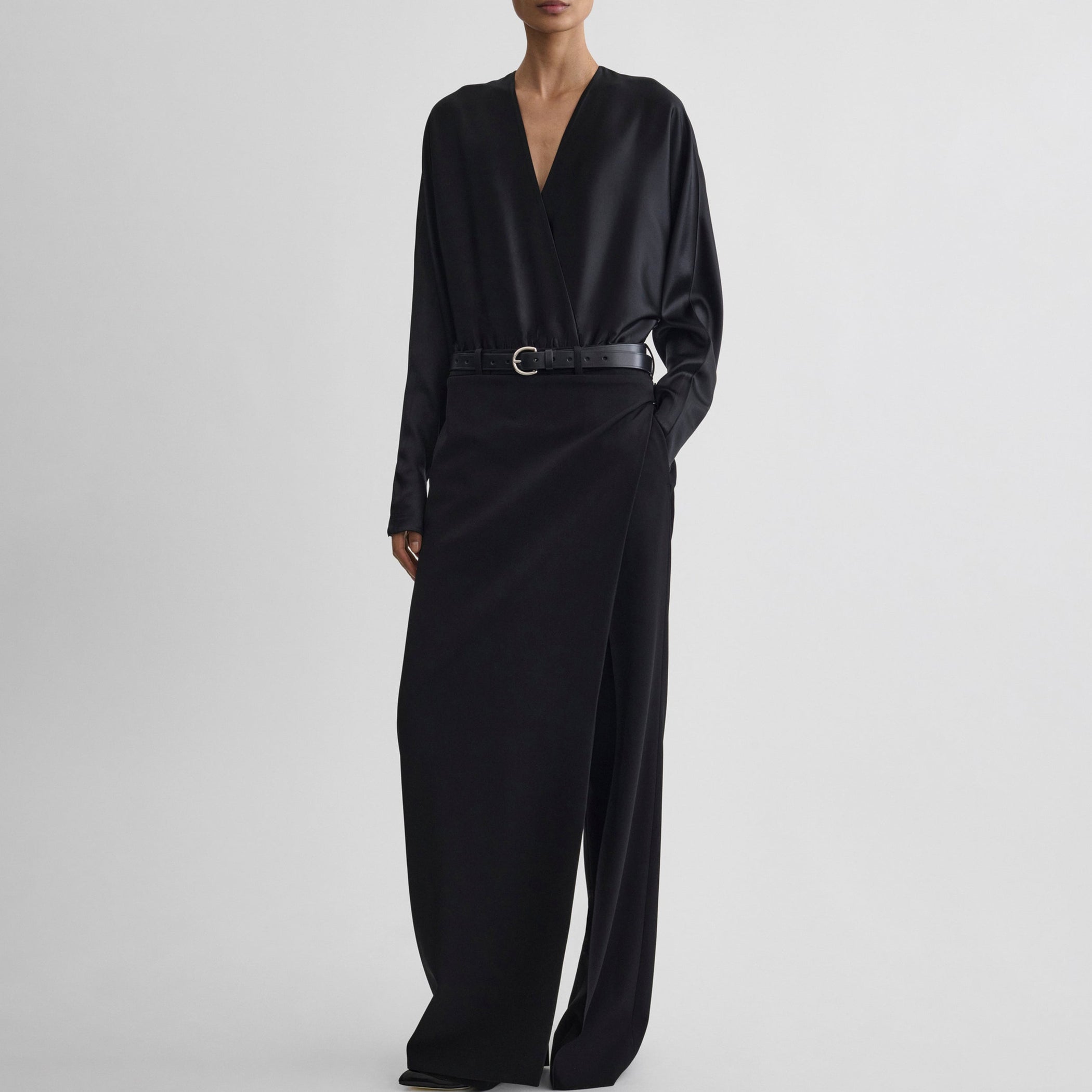 Front view of model wearing BATWING BODY in black silk satin