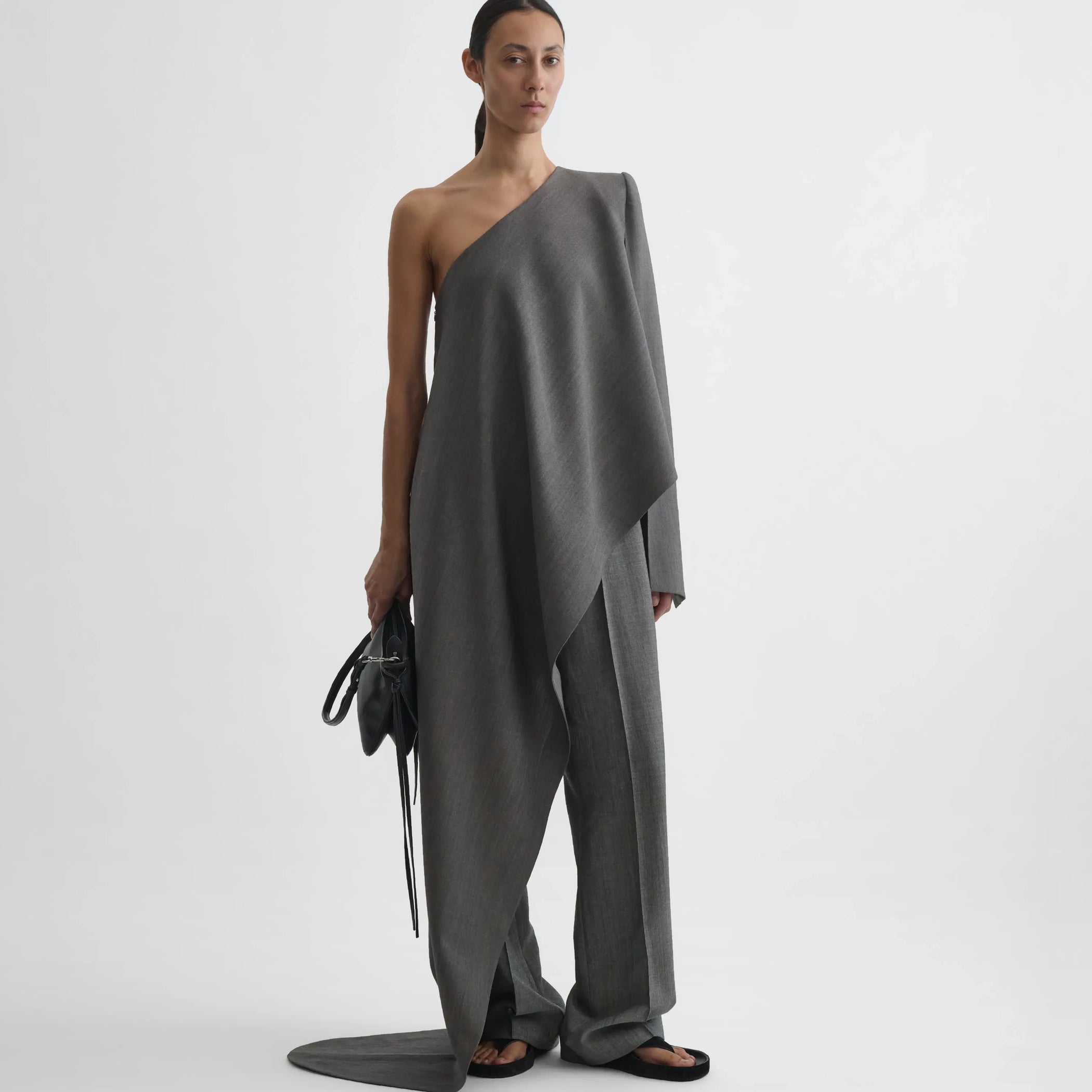 SHARP SHOULDER ASYMMETRIC TOP | dark taupe wool