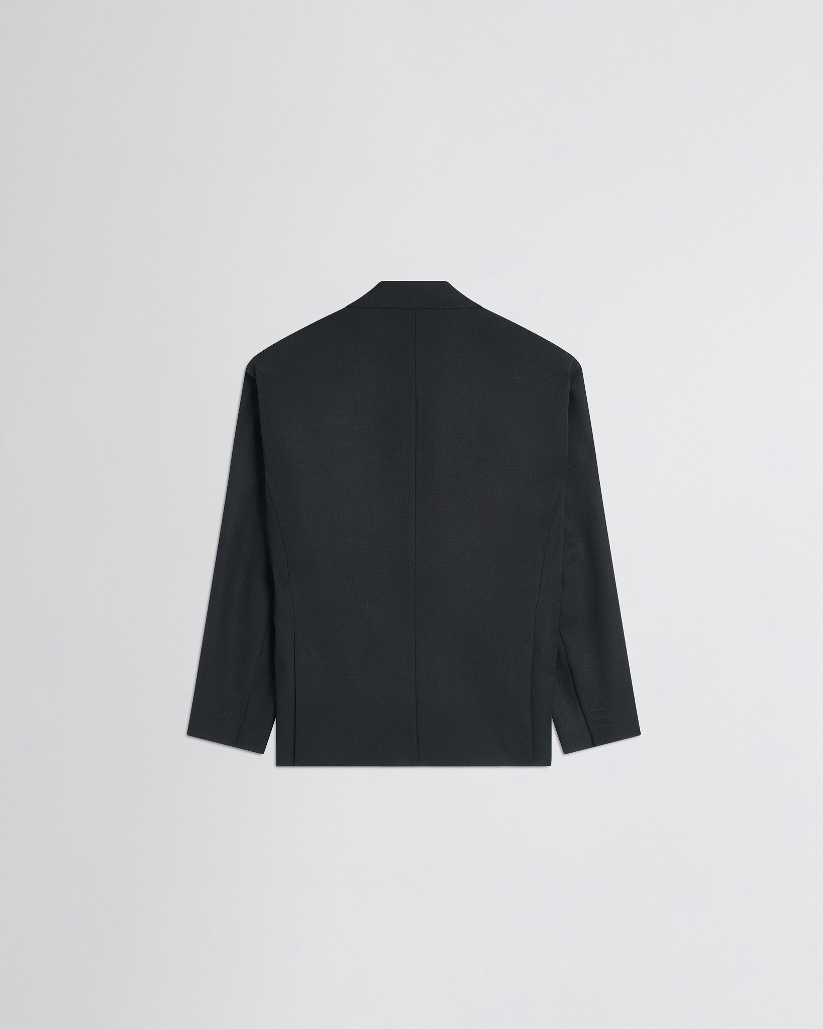 Flat back view of tuxedo jacket in black wool.