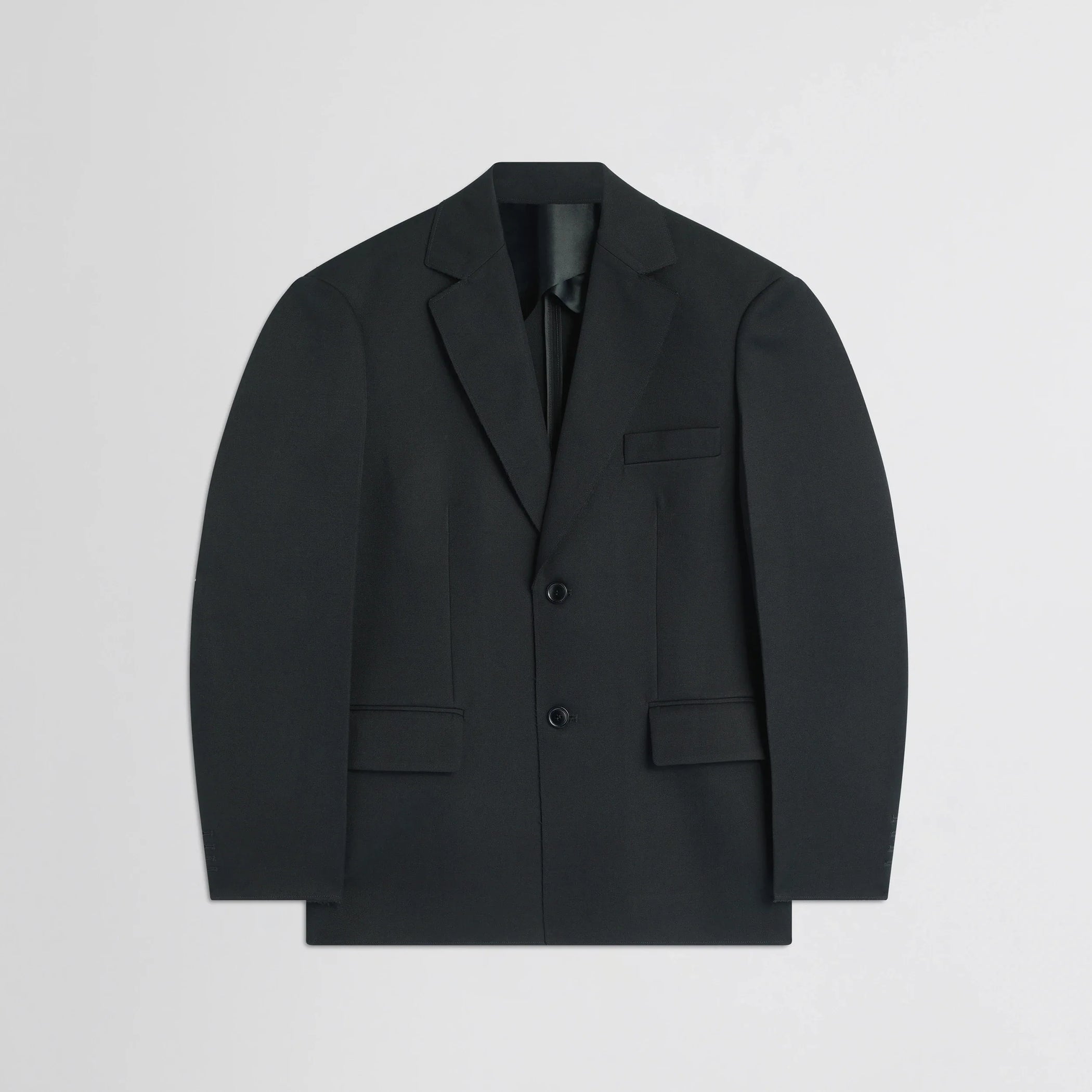 Flat front view of tuxedo jacket in black wool.