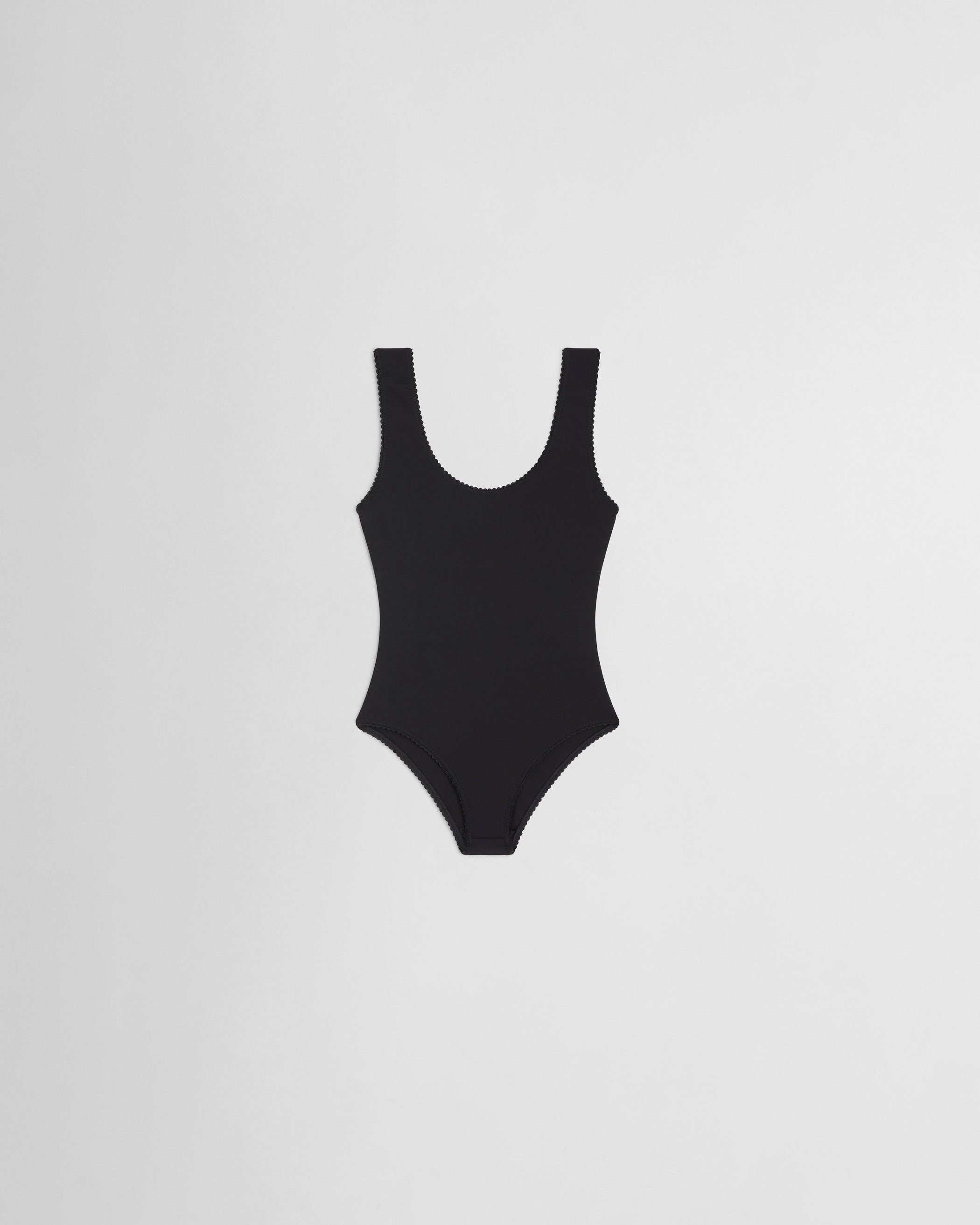 Flat front view of SCOOPED ONE PIECE 
in black nylon