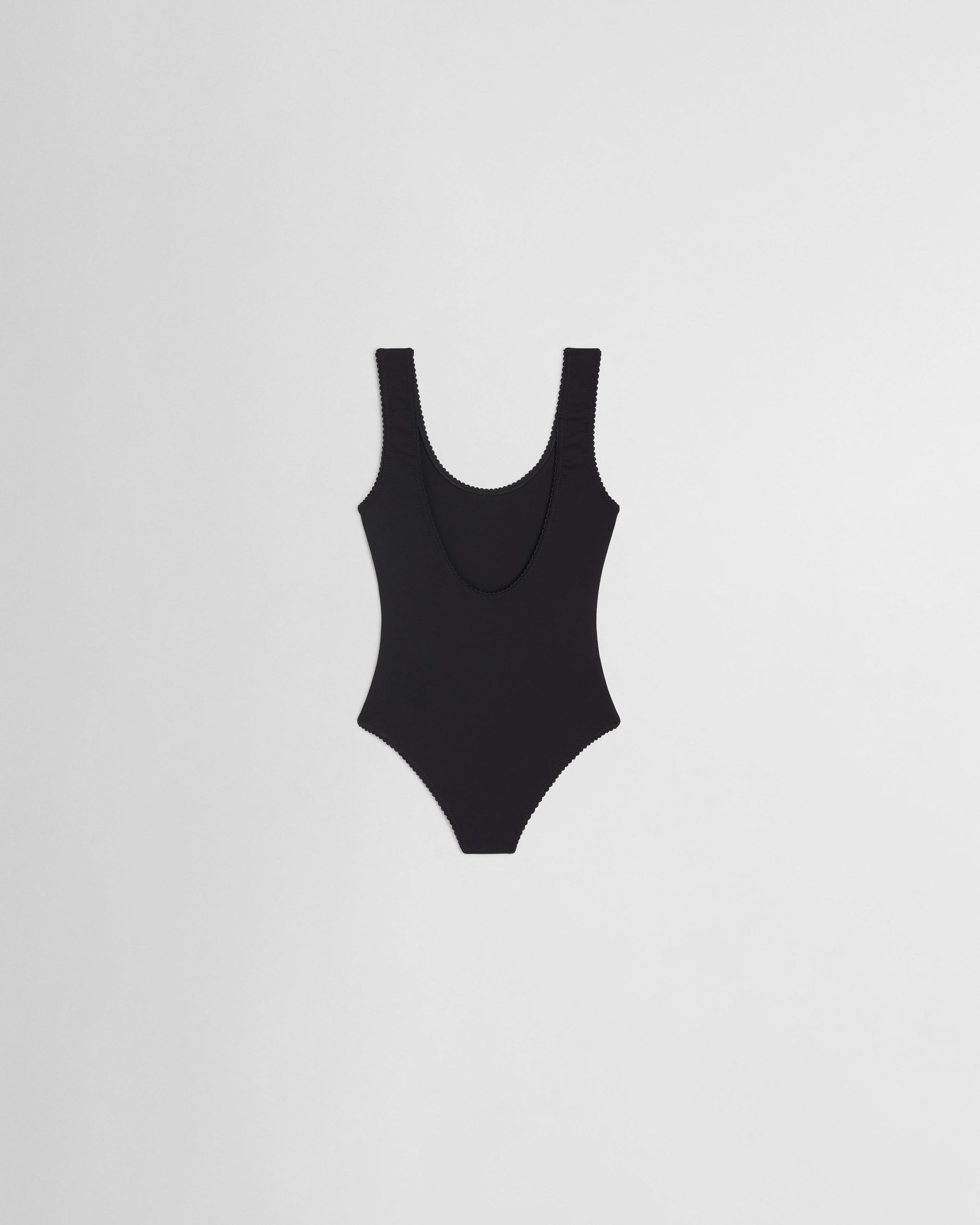 Flat back view of SCOOPED ONE PIECE 
in black nylon