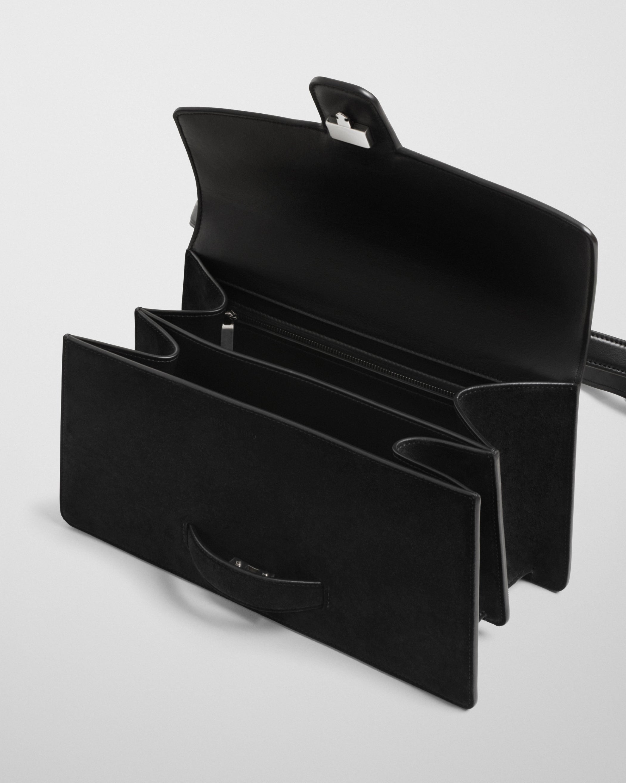 Close up detail view of BAR BAG in black suede