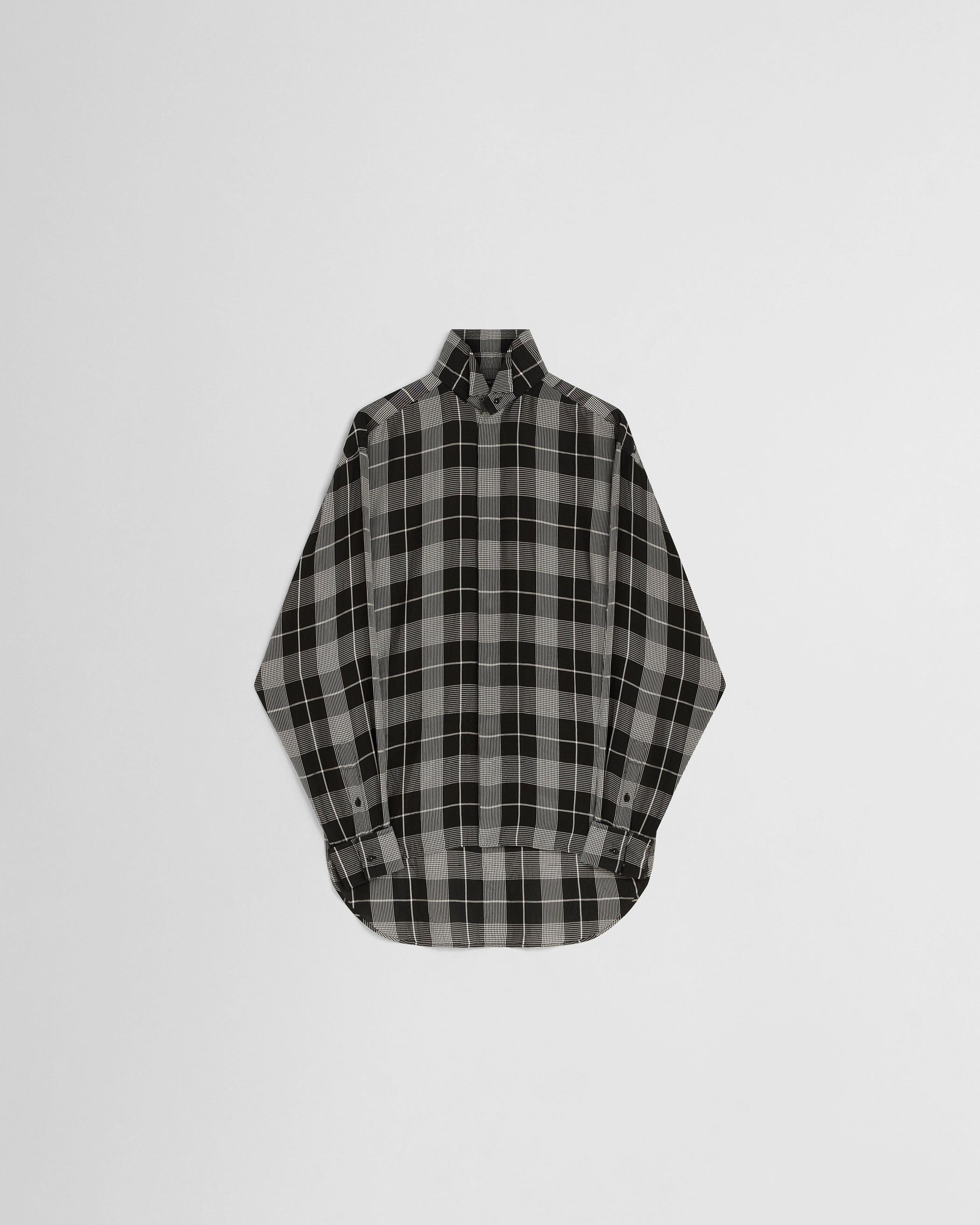 Flat front view of CUSTOM TUX SHIRT in b/w check viscose