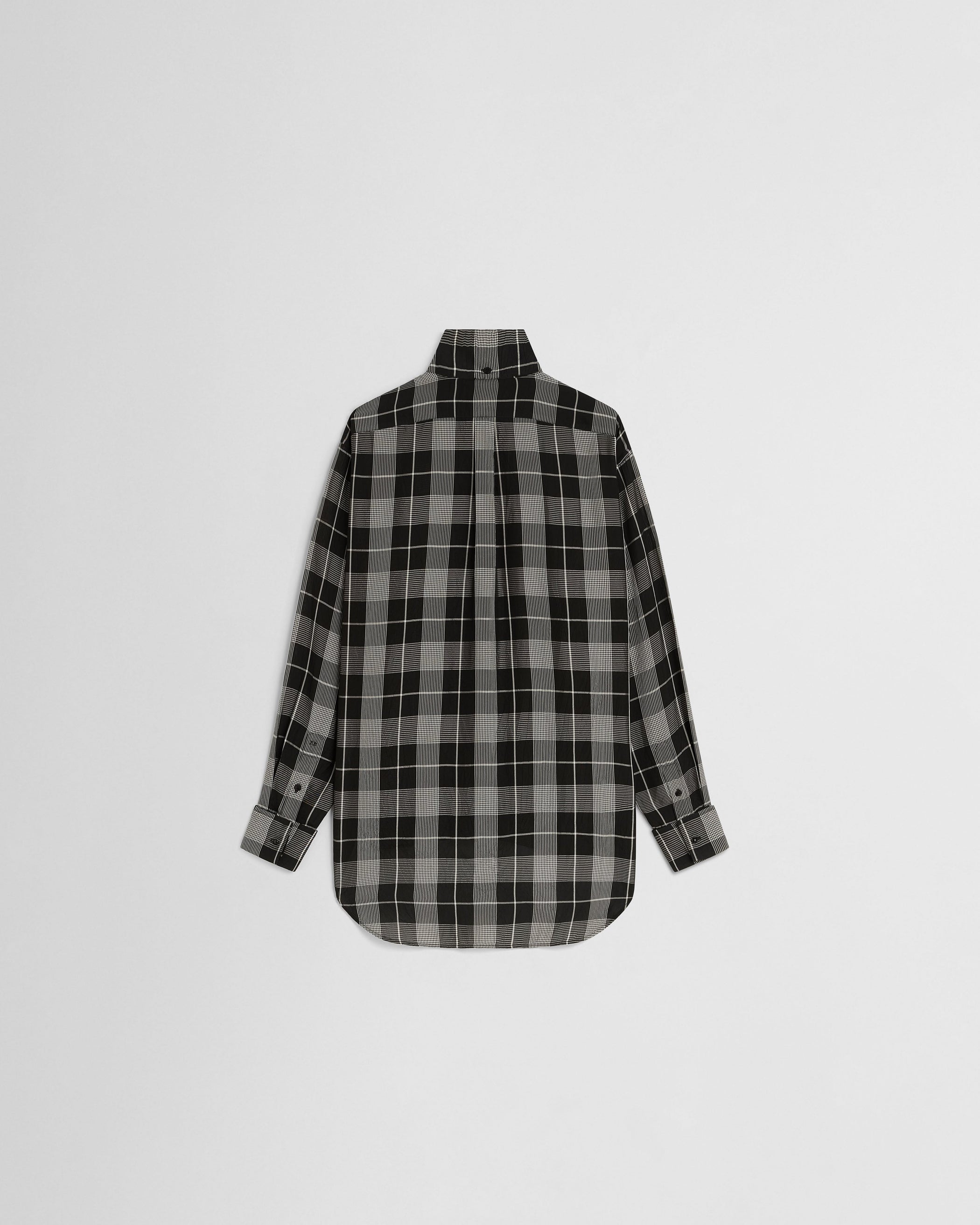 Flat back view of CUSTOM TUX SHIRT in b/w check viscose