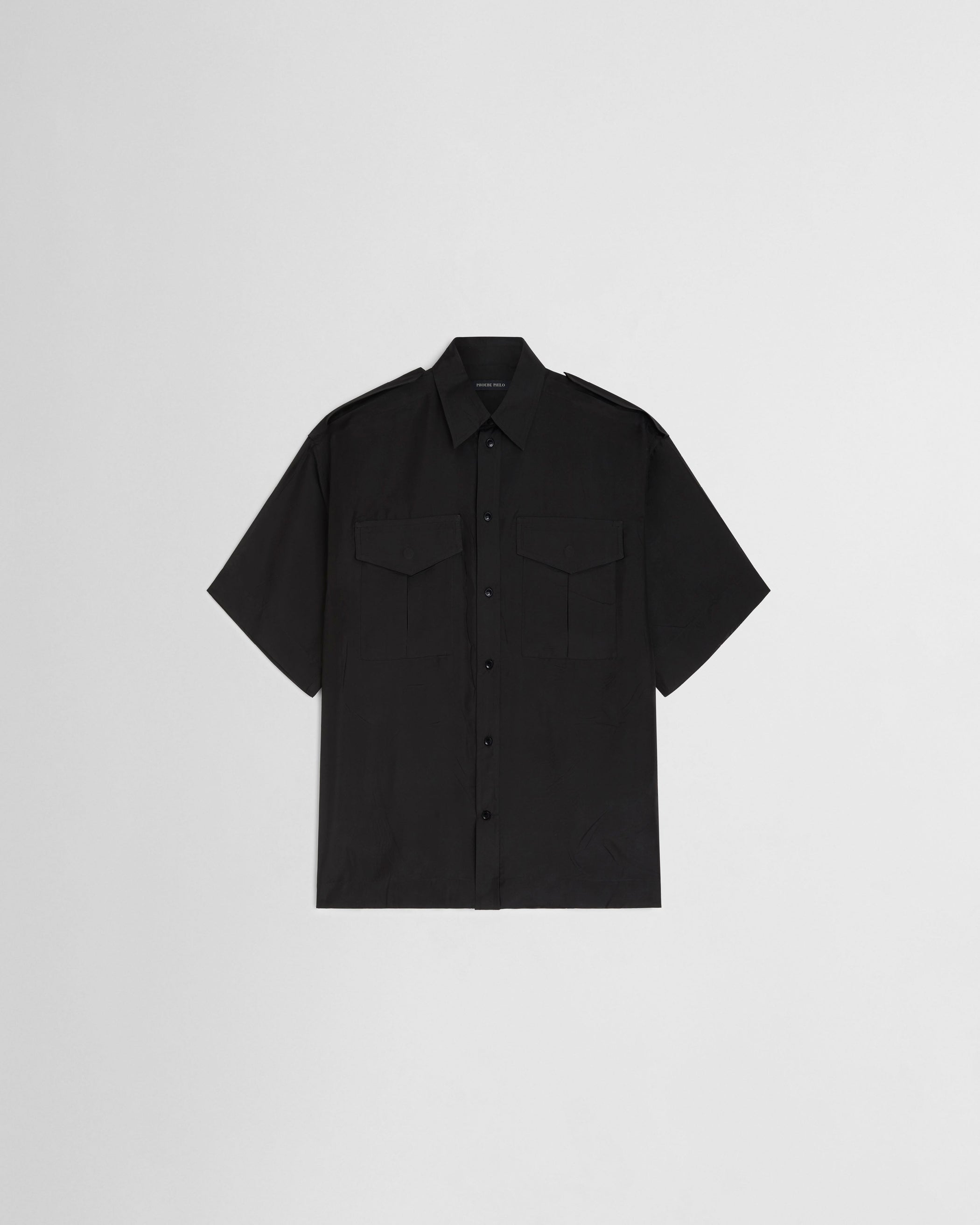 Flat front view of LITE UTILITY SHIRT in black habotai silk