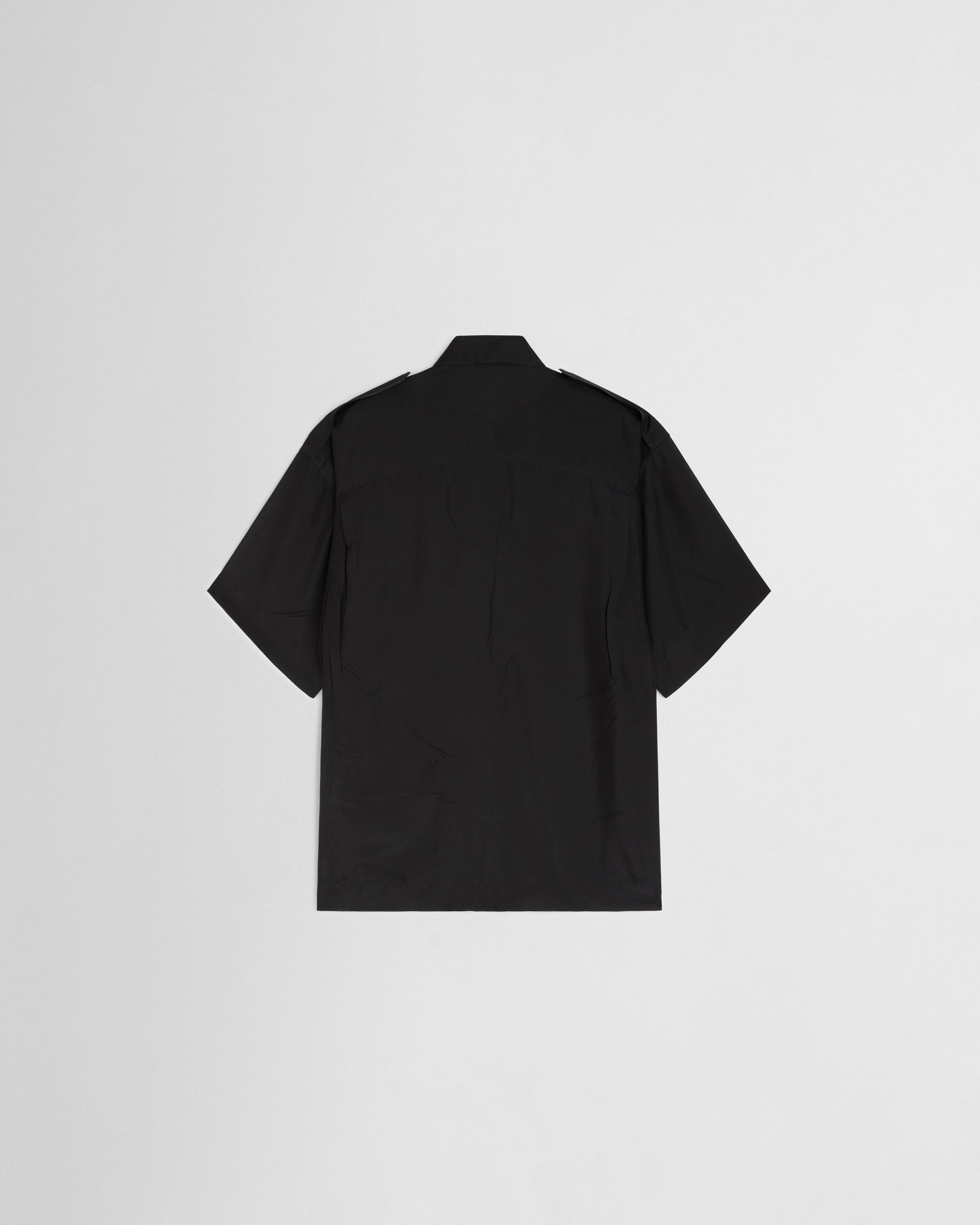 Flat back view of LITE UTILITY SHIRT in black habotai silk