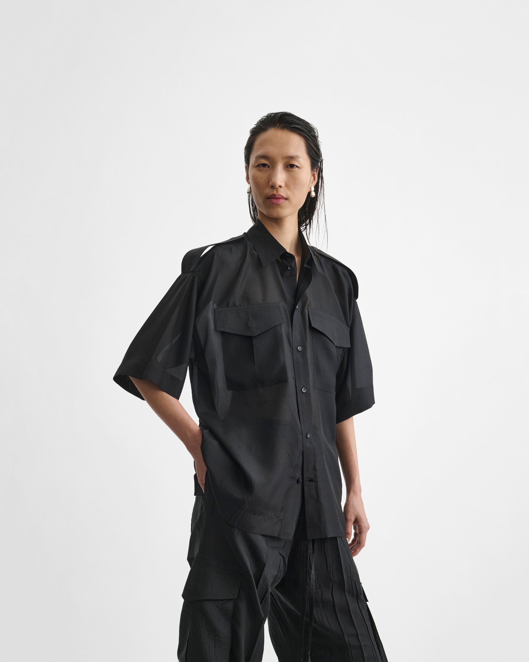 Front view of model wearing LITE UTILITY SHIRT in black habotai silk
