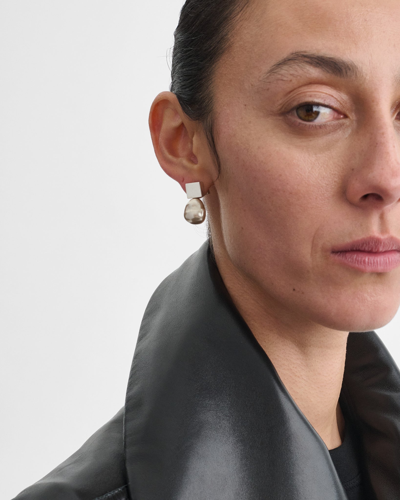 View of PEAR DROP EARRINGS in blush resin