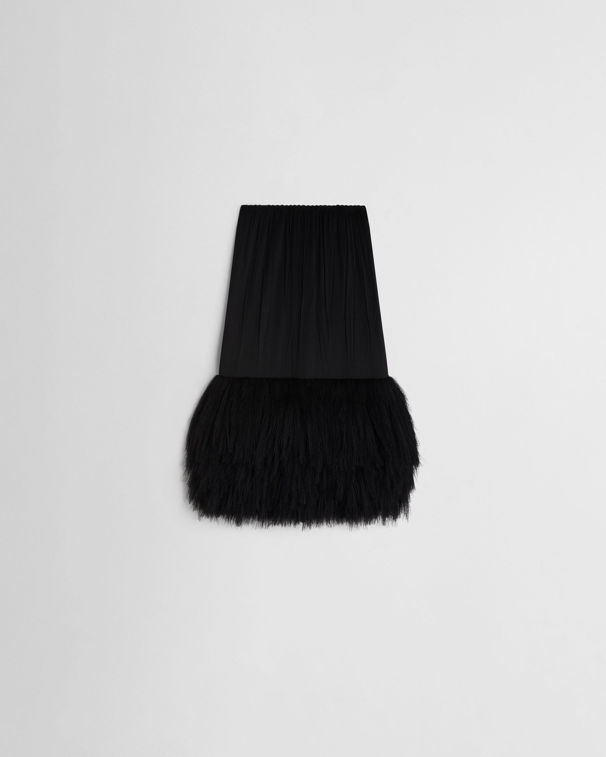 Flat front view of FRINGED SLIP SKIRT in black silk