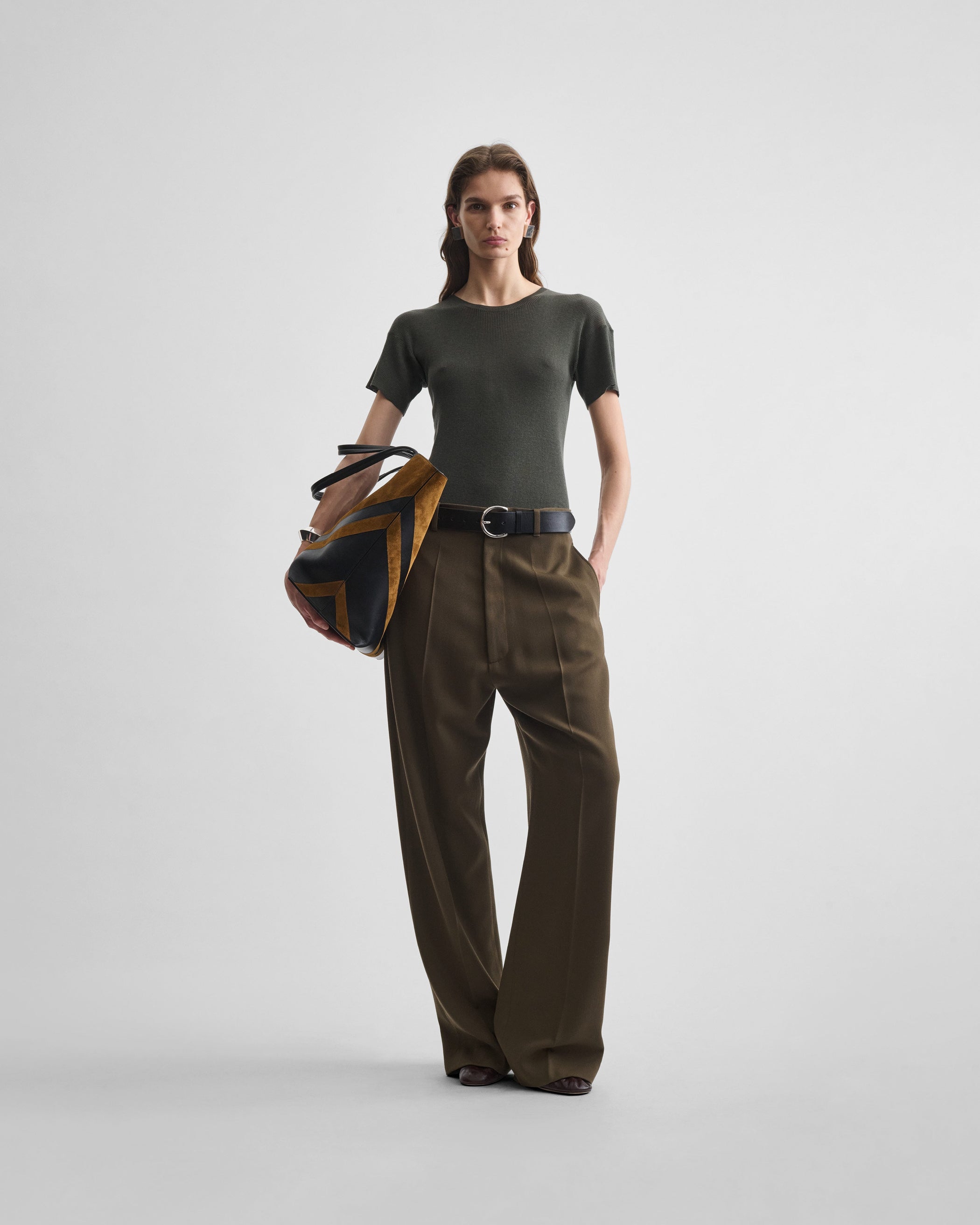 View of SCOOP NECK RIB T-shirt in sludge cotton