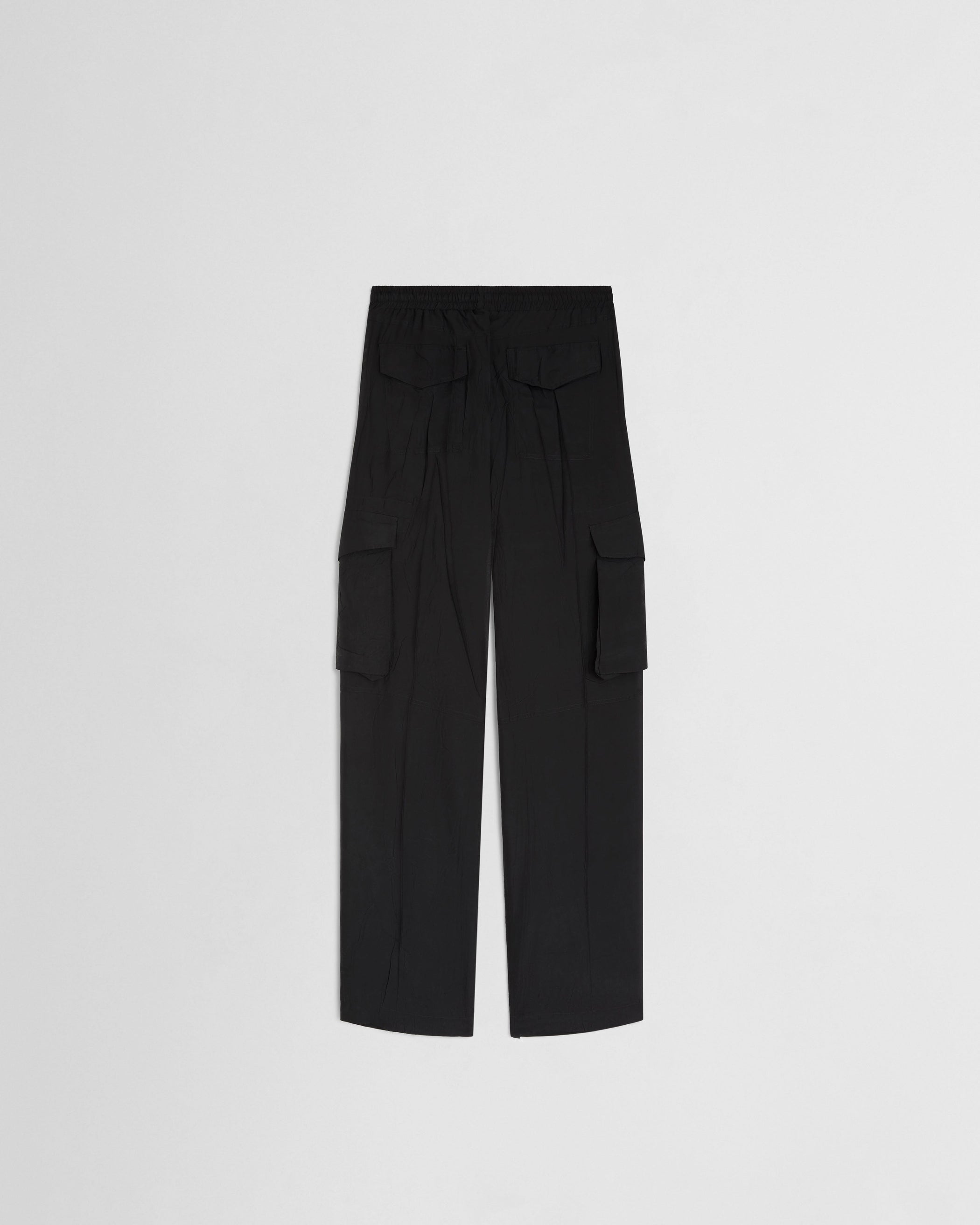 Flat back view of CARGO TROUSERS in black silk