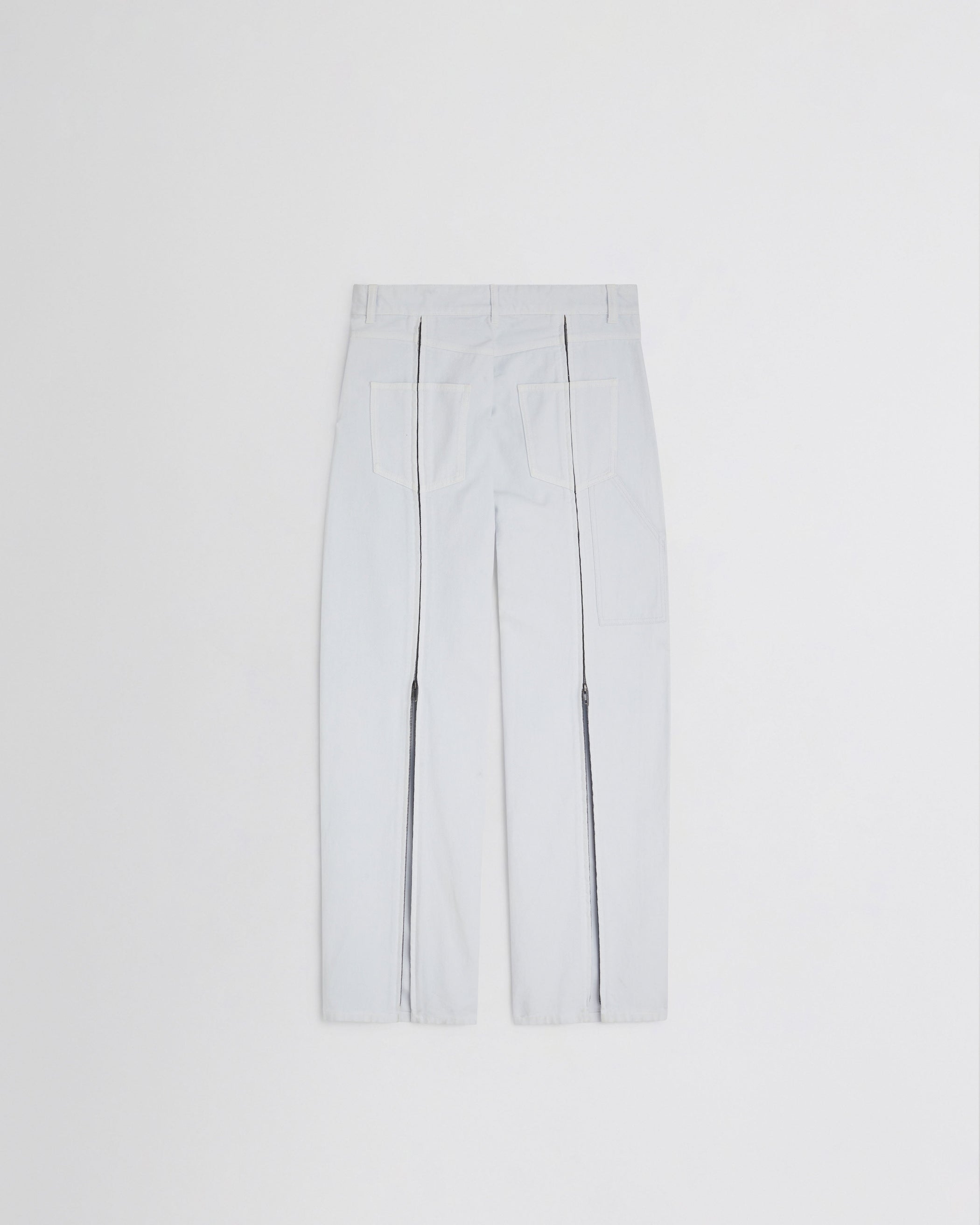 Flat back view of RELAXED ZIP JEANS in pale ice blue cotton
