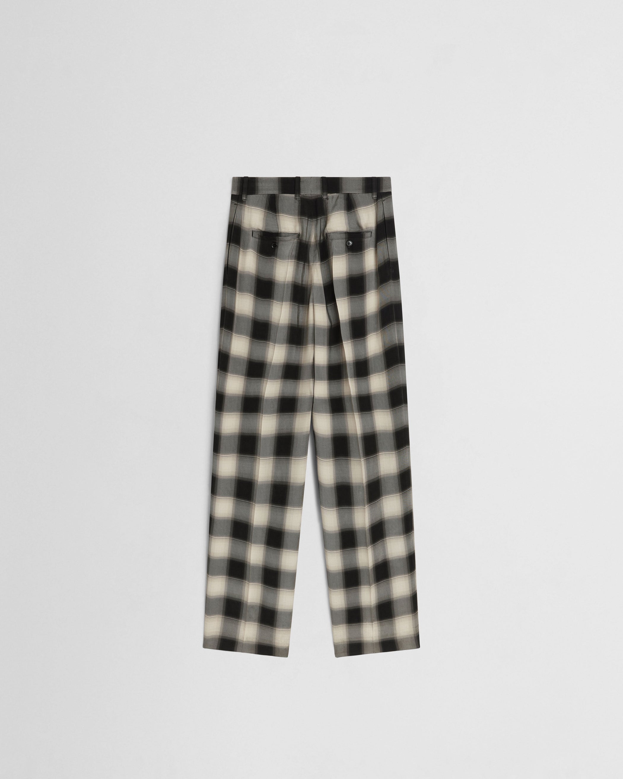 Flat back view of DOUBLE PLEAT TROUSERS in salt and pepper woven viscose