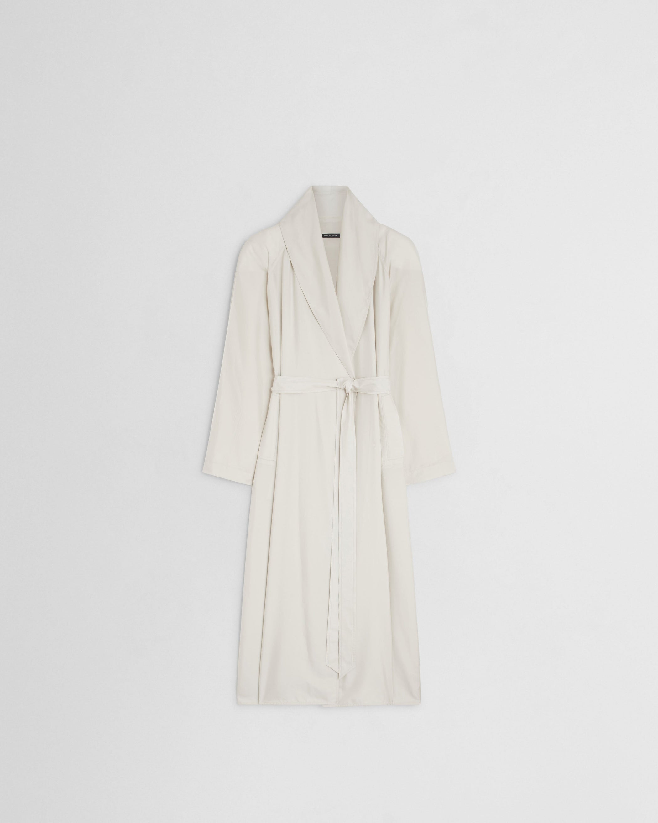 Flat front view of BELTED ROBE DRESS in salty white silk