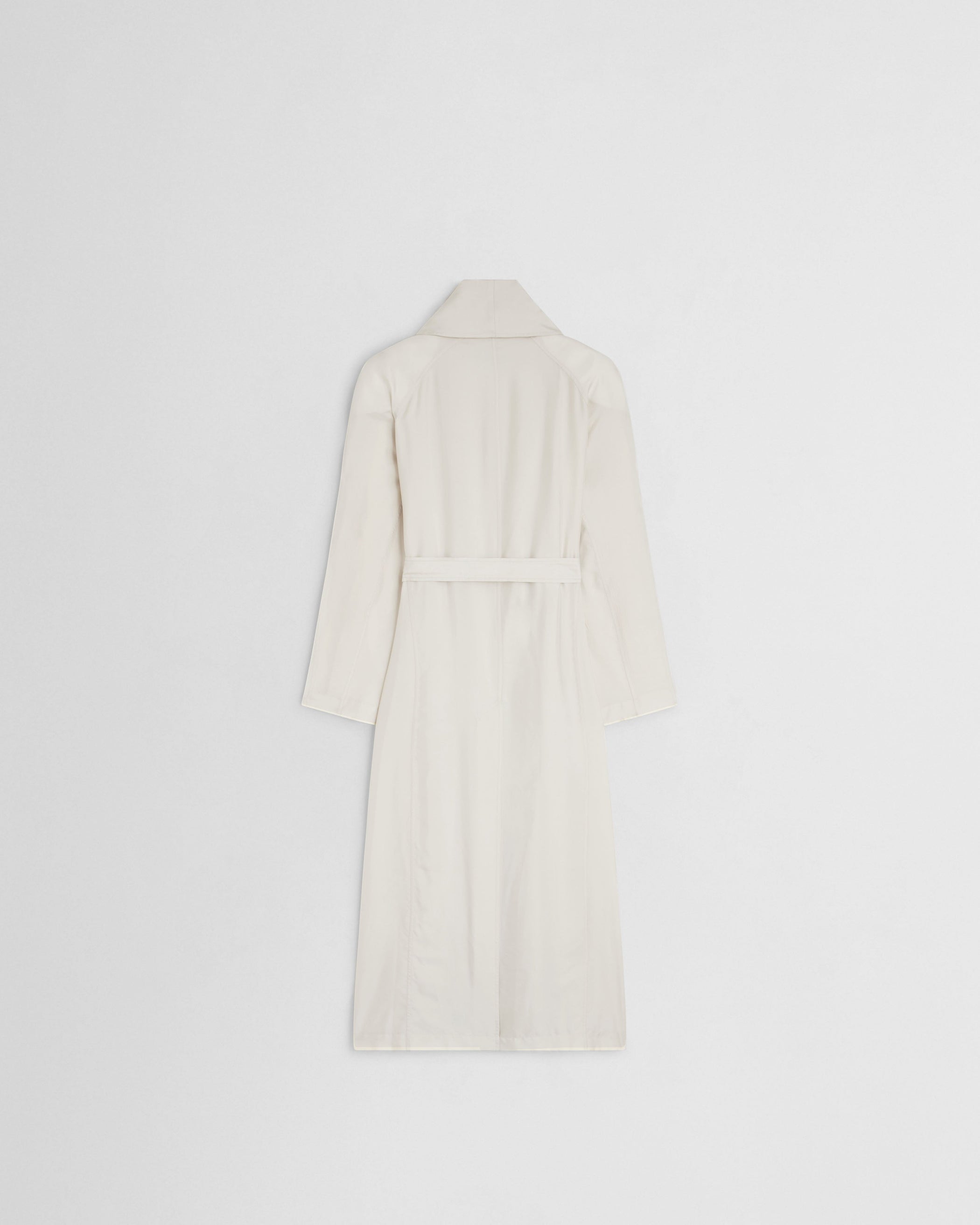 Flat back view of BELTED ROBE DRESS in salty white silk