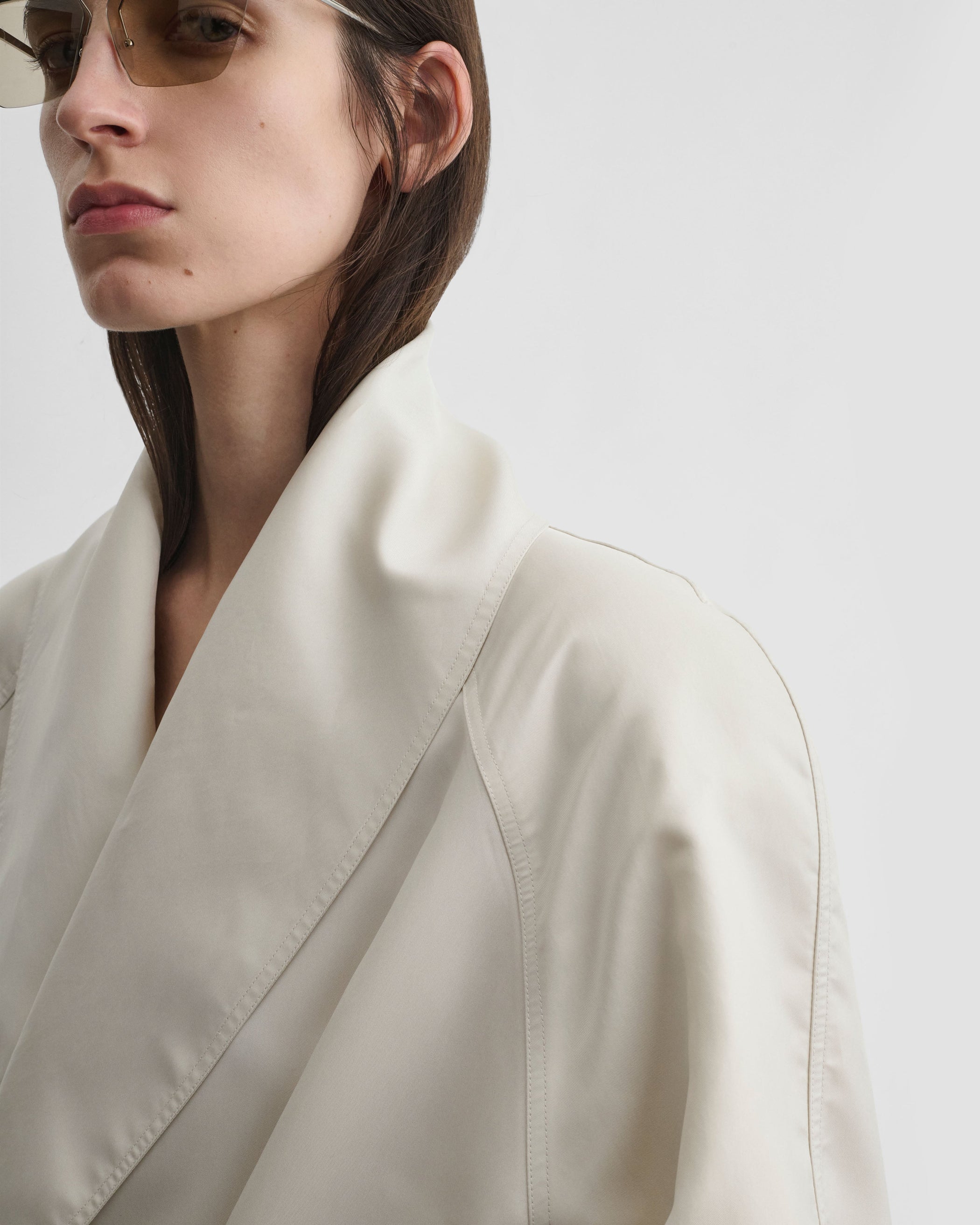 Front detail view of model wearing BELTED ROBE DRESS in salty white silk