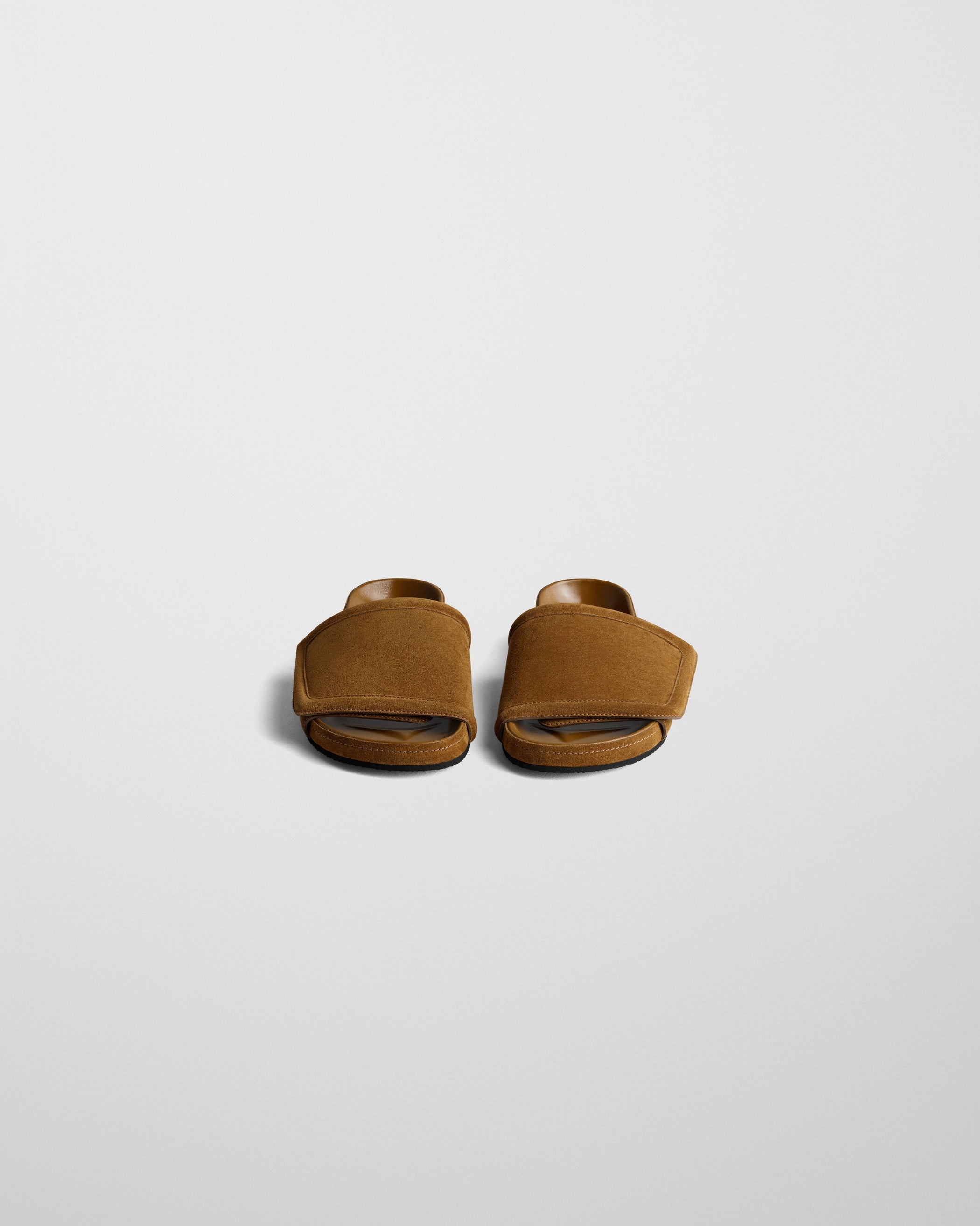 Front view of WIDE SLIDE in toffee suede