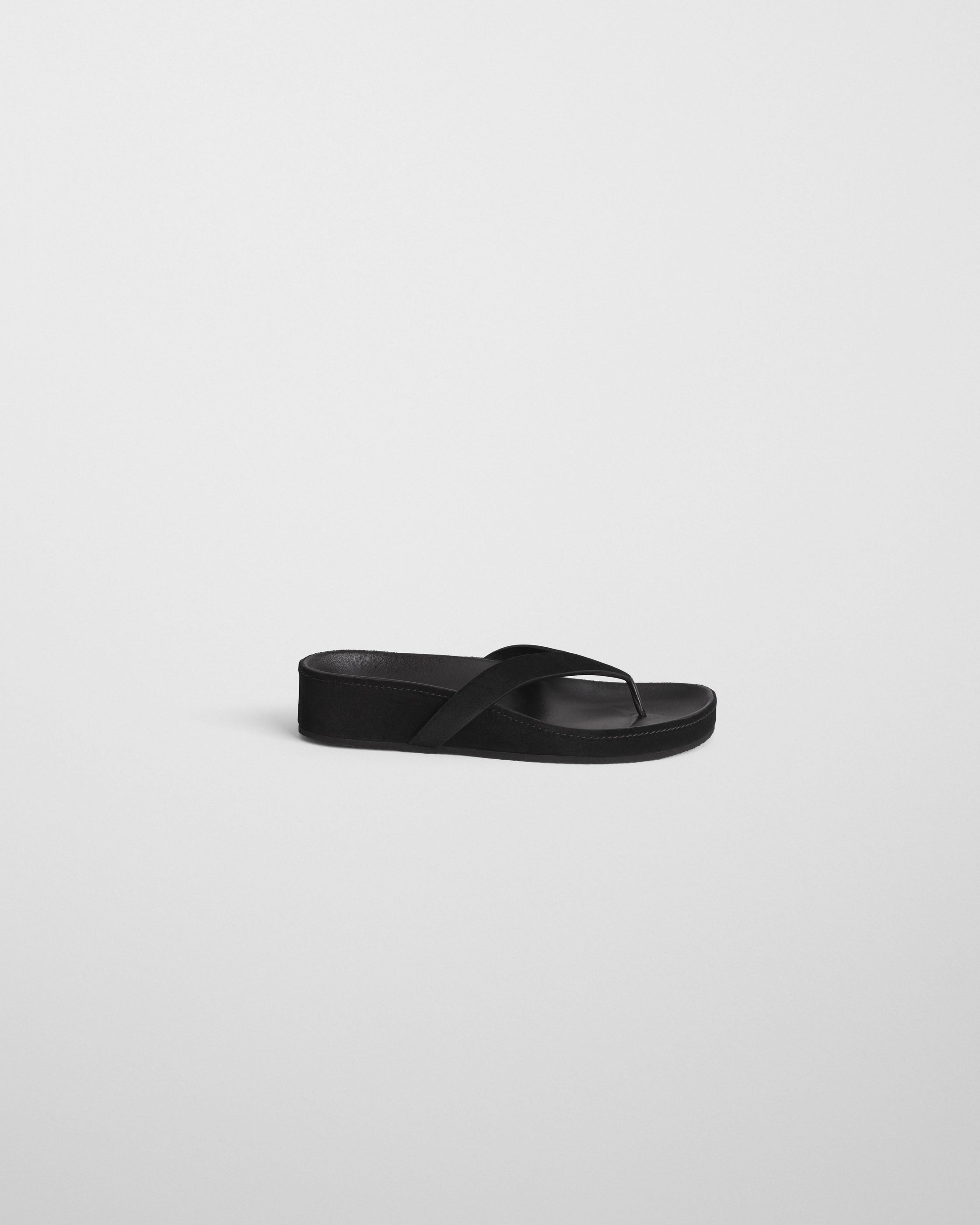 Side view of ROUND FLIP FLOP in black suede