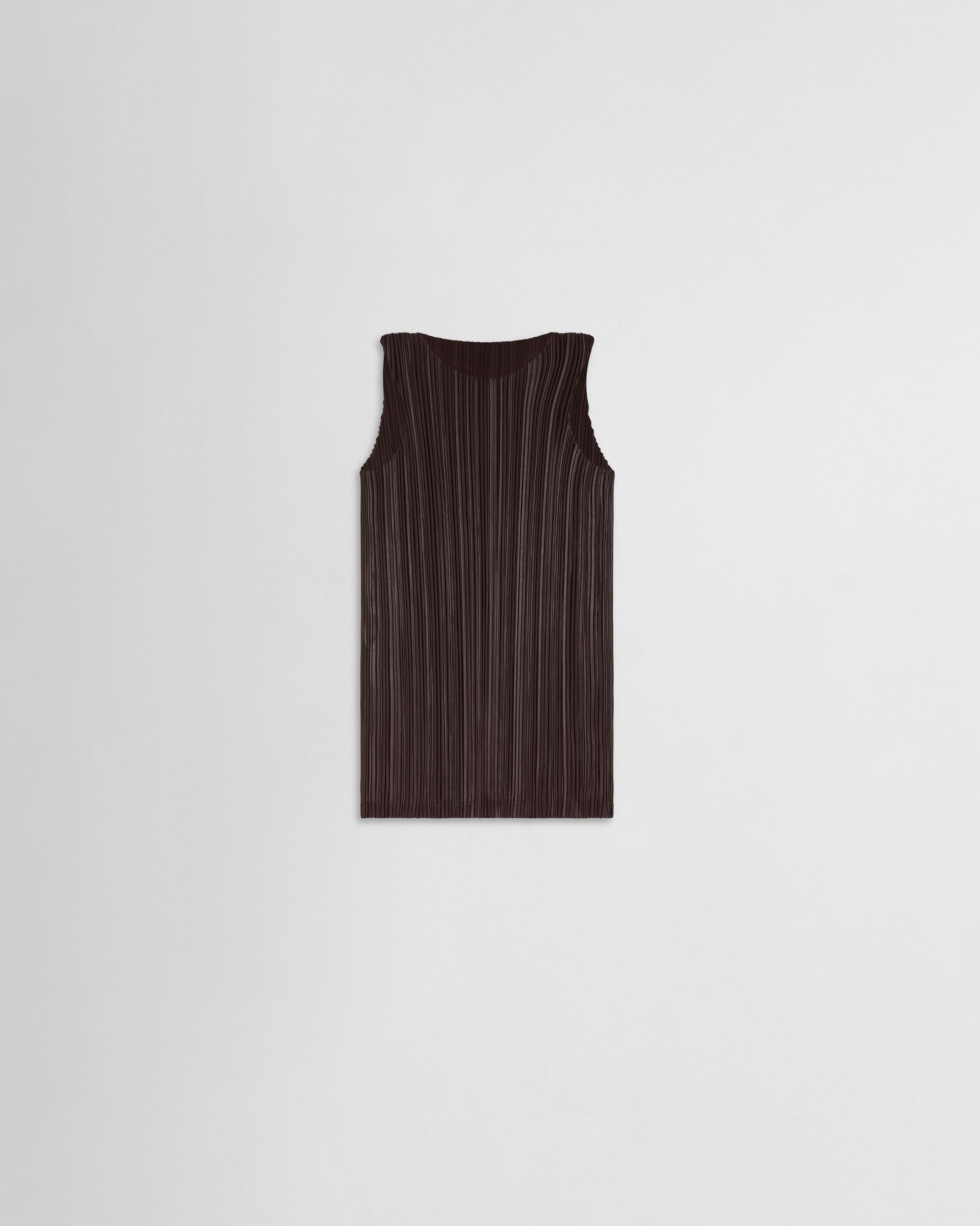 Flat front view of RAZOR PLEAT TANK in dark brown polyester