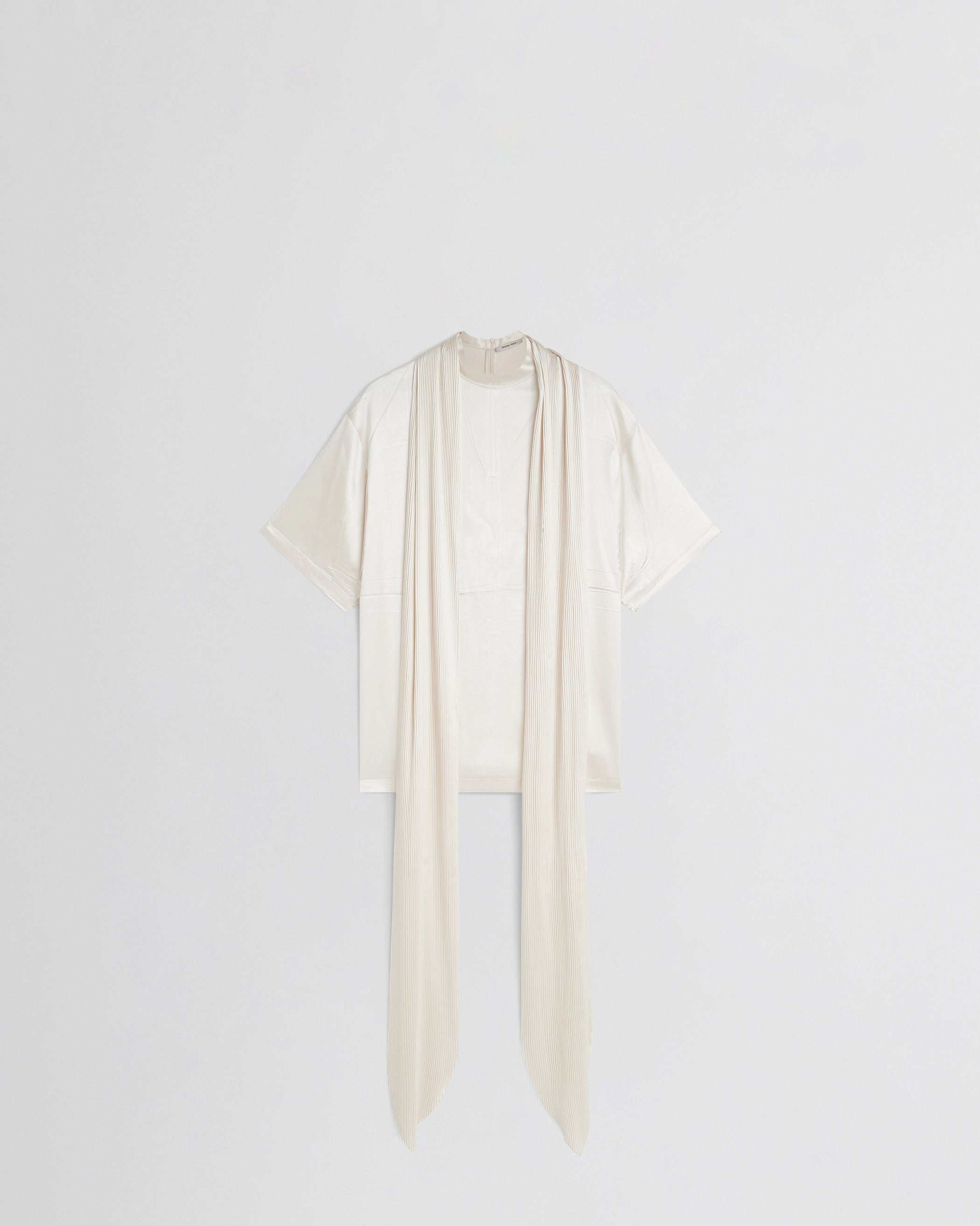 Flat front view of SILK SCARF T-SHIRT in cream silk